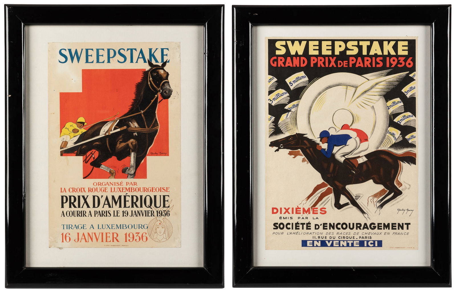 GARRY, Charley. Pair of Sweepstake horserace posters.: GARRY, Charley. Pair of Sweepstake horserace posters. 1936. Paris: Imp. Nabeyrat. Color lithograph posters. Includes: Sweepstake / Prix d'Amerique; and Sweepstake / Grand Prix de Paris. Each