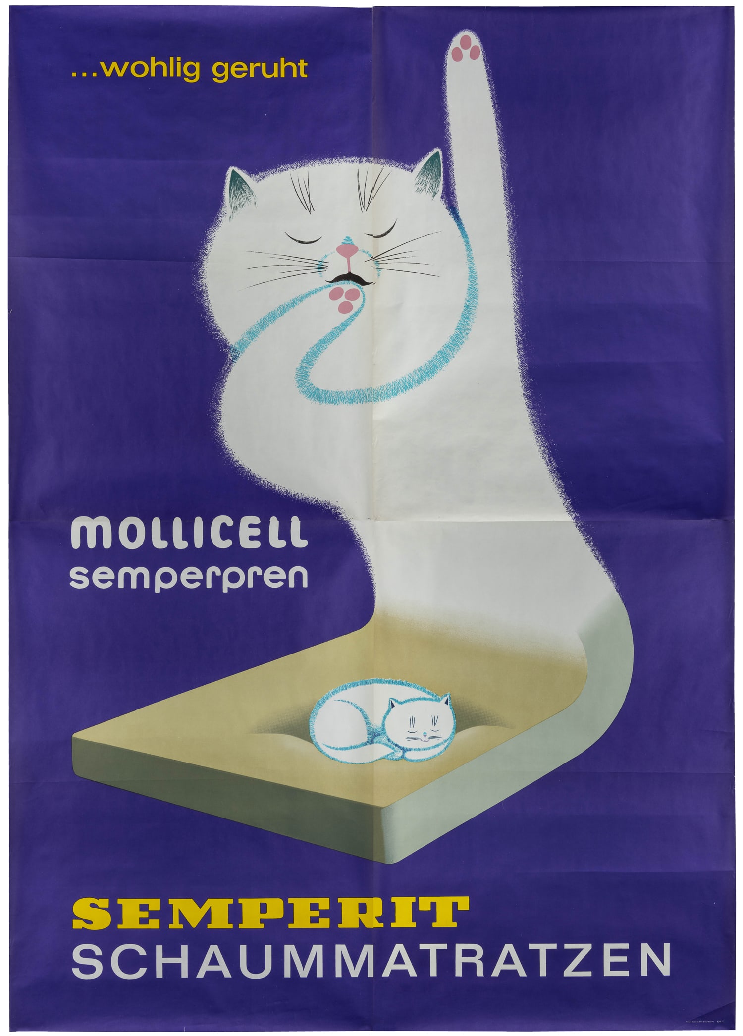 Semperit Schaummatratzen. 1965.: Semperit Schaummatratzen. 1965. Vienna: Piller. Offset lithograph product advertising poster, in four sheets, depicting a sleepy white cat on a purple background. Lettering in white and