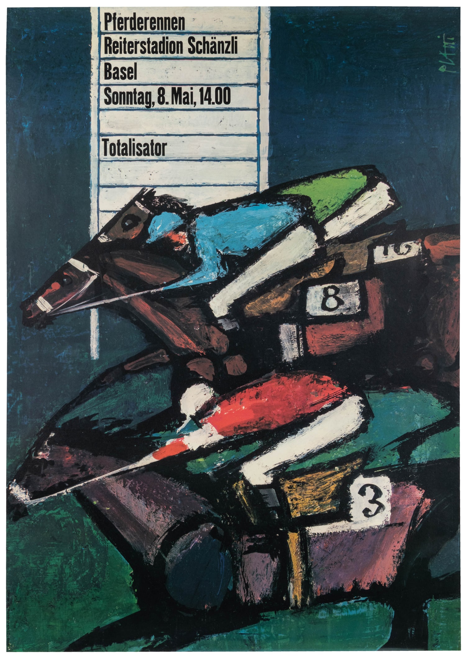 PIATTI, Celestino (1922-2007). Pferderennen Reiterstadion Sch√§nzli. 1960.: PIATTI, Celestino (1922-2007). Pferderennen Reiterstadion Schänzli. 1960. Swiss offset color advertising poster for the Pferderennen (horse races) at the Reiterstadion Schänzli in Basel.