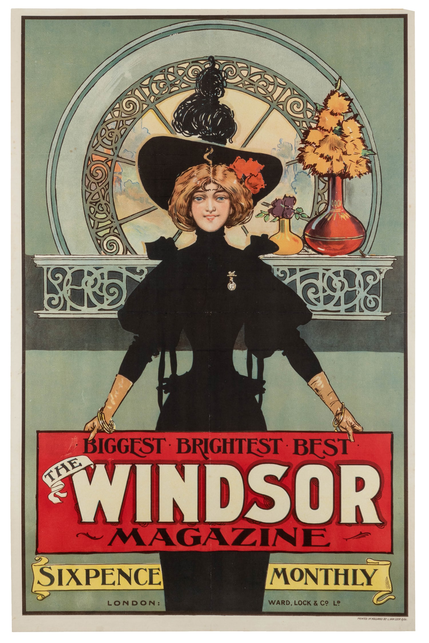 Windsor Magazine. London: Ward, Lock & Co., ca. 1910.: Windsor Magazine. London: Ward, Lock & Co., ca. 1910. Printed in Holland by L. Van Leer & Co. Art Nouveau illustration of a woman in a large black hat and dress, holding a red banner with the