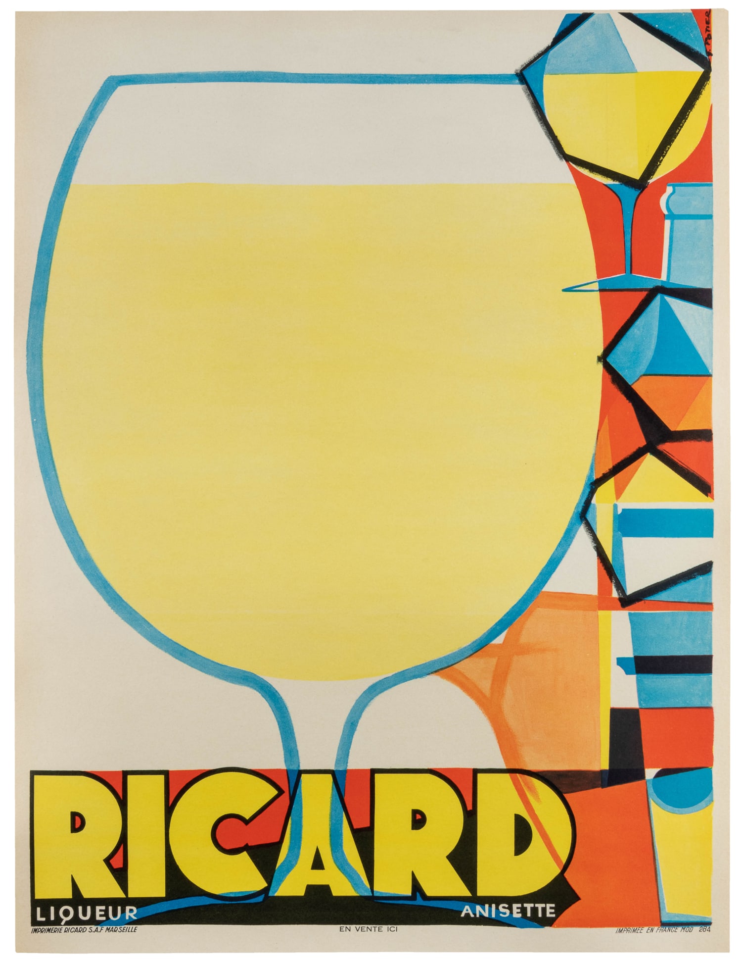 POTIER, Georges (b. 1929 - ?). Ricard. Liqueur. Anisette.: POTIER, Georges (b. 1929 - ?). Ricard. Liqueur. Anisette. France. Color lithograph presenting Ricard, a pastis, an anise and licorice-flavored aperitif, created by Marseille native Paul Ricard in