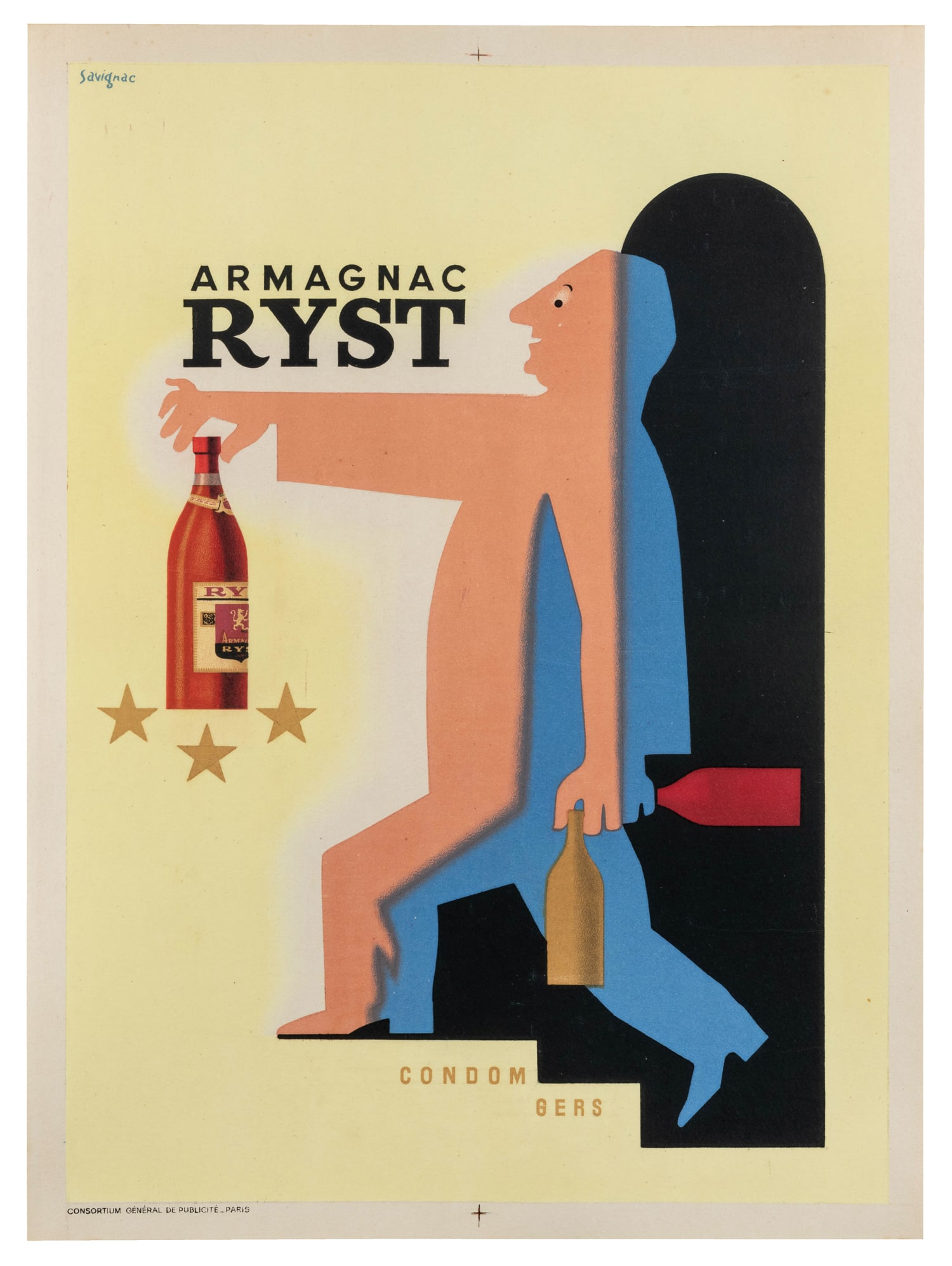 SAVIGNAC, Raymond (1907 – 2002). Armagnac Ryst. : SAVIGNAC, Raymond (1907 – 2002). Armagnac Ryst. Paris, ca. 1940s. Color lithograph French brandy advertising poster. Art Deco style illustration by Savignac of a man returning upstairs from his