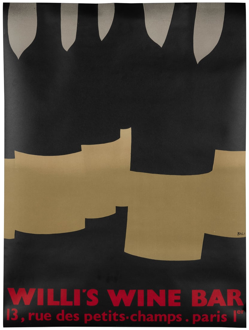 BALI, Alberto (b. 1944). Willi's Wine Bar. 1982. : BALI, Alberto (b. 1944). Willi's Wine Bar. 1982. Lithograph poster created as a commissioned advertisement for Willi's wine bar in Paris, illustrating bottles in black and white. Paper. 39 x 27