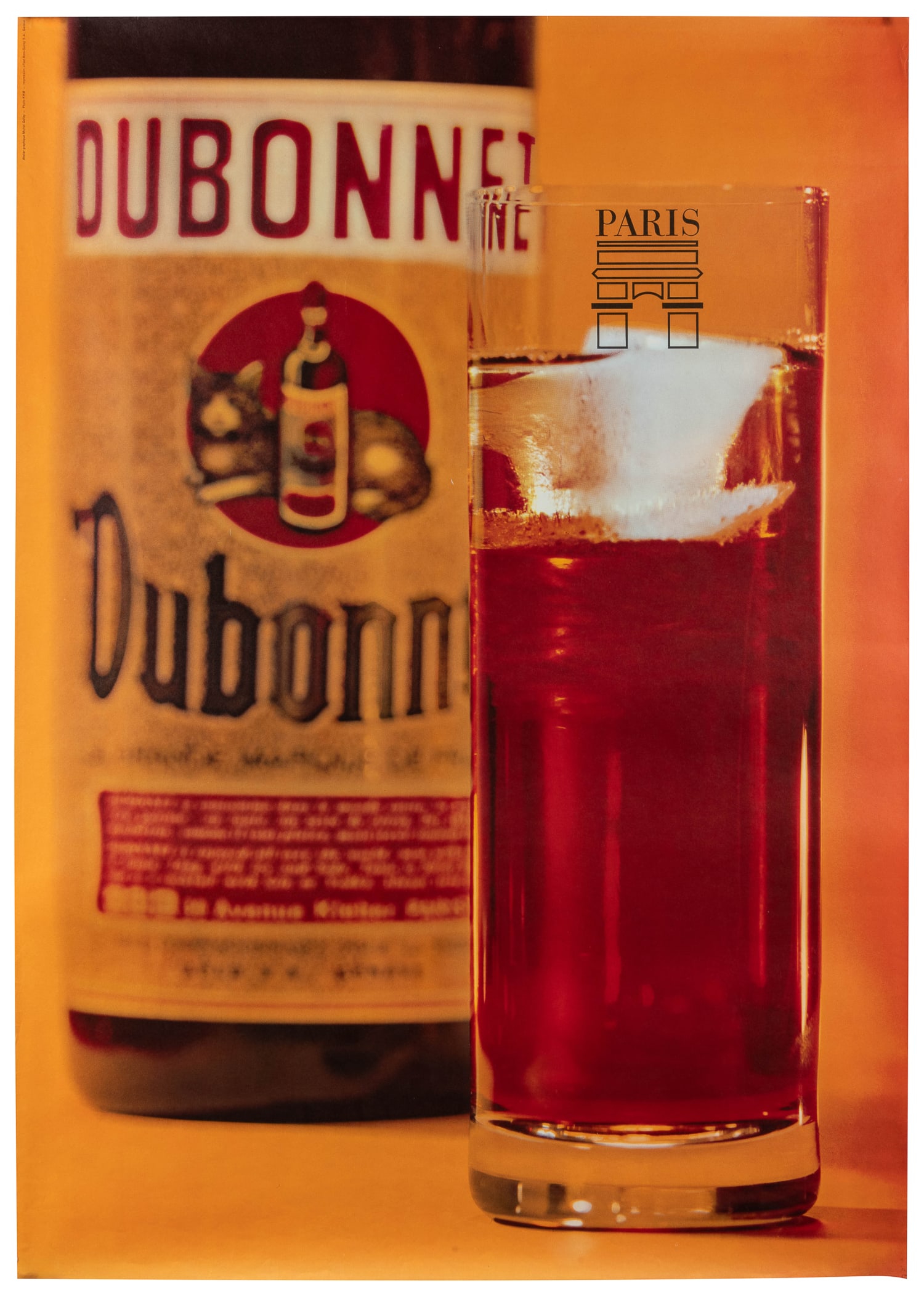 Dubonnet. France. Ca. 1967. : [BEVERAGE]. Dubonnet. France. Ca. 1967. Paper. Offset lithograph for the French aperitif wine, featuring a full glass of wine accented by the Paris emblem, along with a bright orange background.
