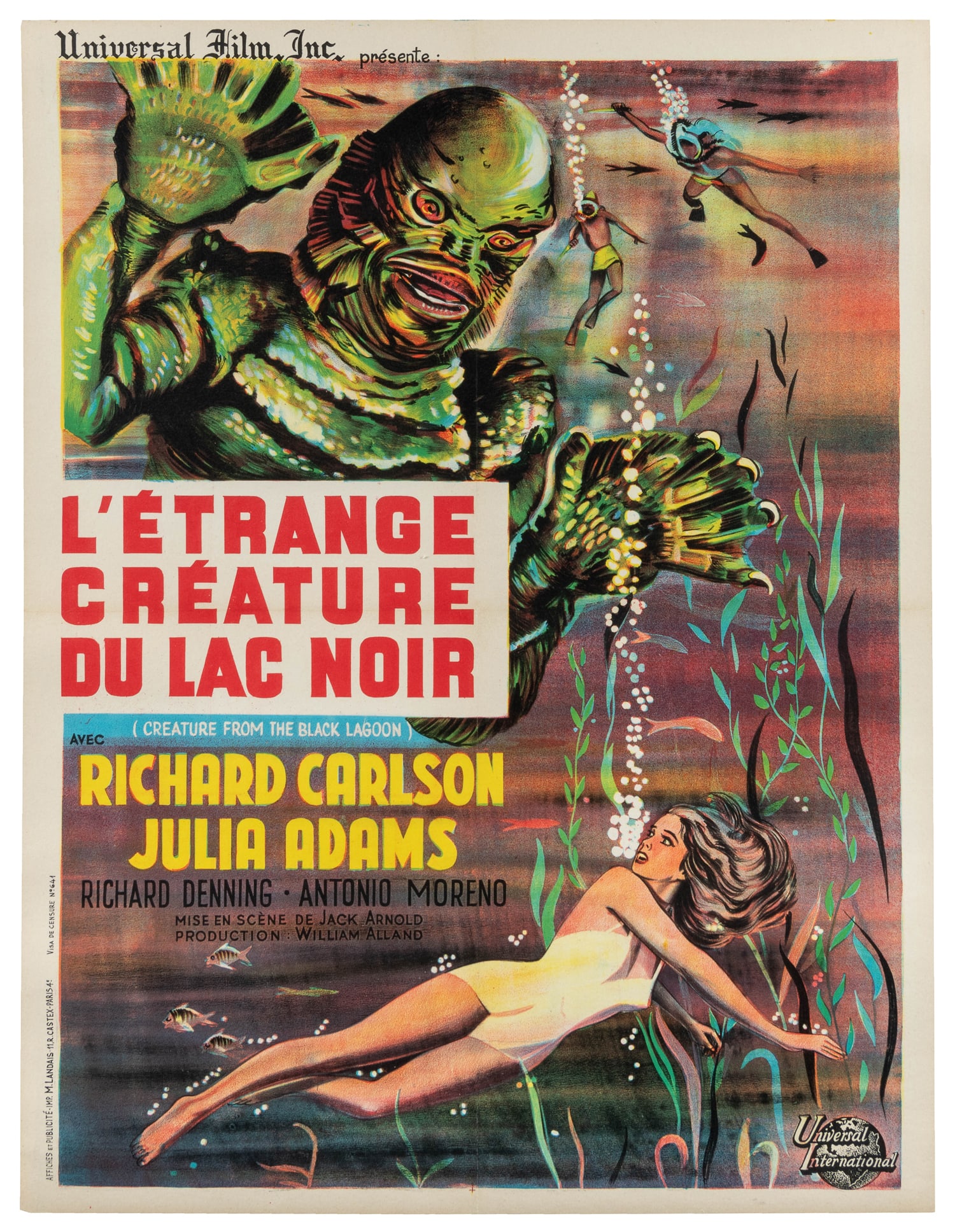 L'Étrange Créature du Lac Noir. Creature from the Black Lagoon.: [FILM]. L'Étrange Créature du Lac Noir. Creature from the Black Lagoon. Ca. 1962. France. Universal International. Stone color lithograph featuring an image of the now iconic monster. Old