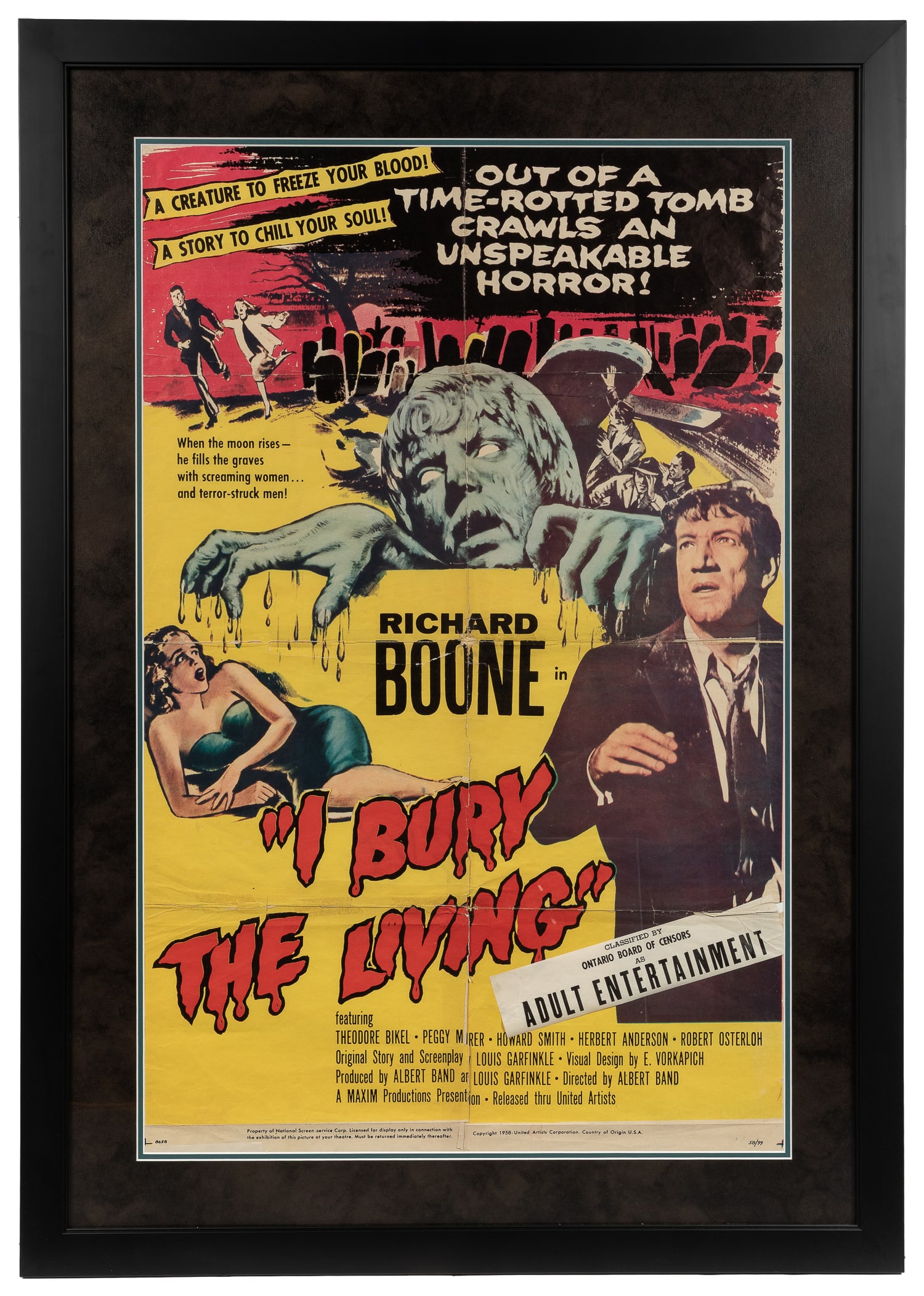 I Bury the Living.: I Bury the Living. United Artists, 1958. One-sheet film poster for the horror film starring Richard Boone. Ontario censor slip ("Adult Entertainment") lower right. Framed, 48 x 34". Not examined