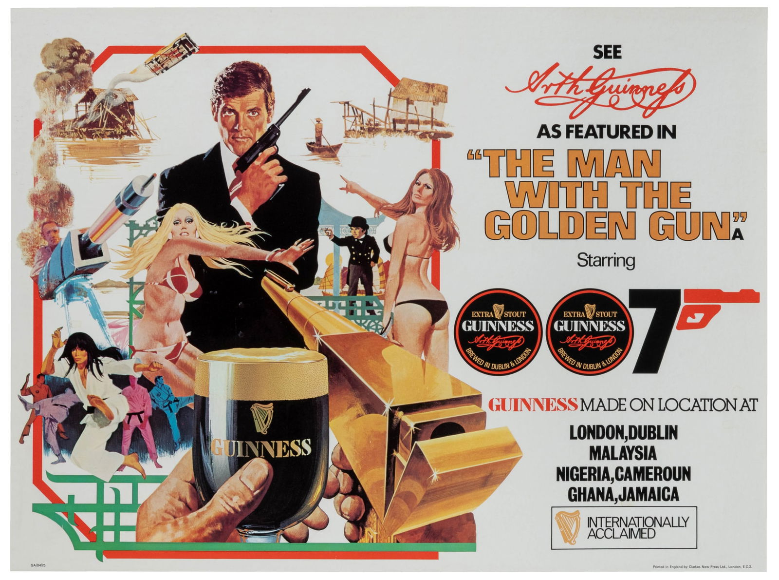 The Man with the Golden Gun / Guinness. 1975.: The Man with the Golden Gun / Guinness. 1975. London: Clarkes New Press. Poster, artwork by Robert McGinnis, advertising Guinness beer as featured in The Man with the Golden Gun. Linen