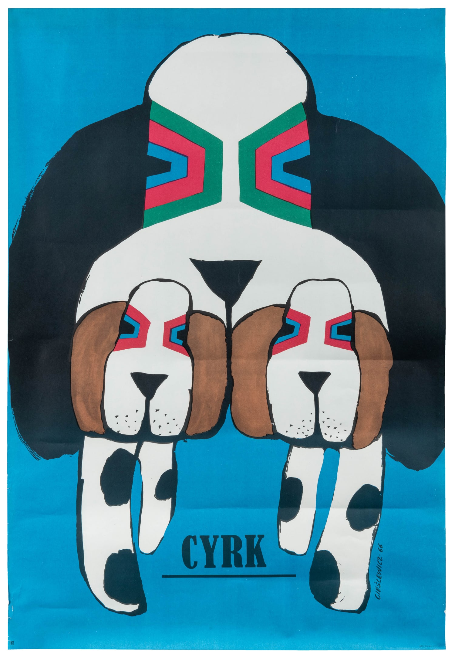 CIESLEWICZ, Roman (1930 - 1996). Cyrk. 1966. : CIESLEWICZ, Roman (1930 - 1996). Cyrk. 1966. Lithograph. Polish circus poster in lively colors showing three basset hounds. Paper. 39 x 26 ½”.