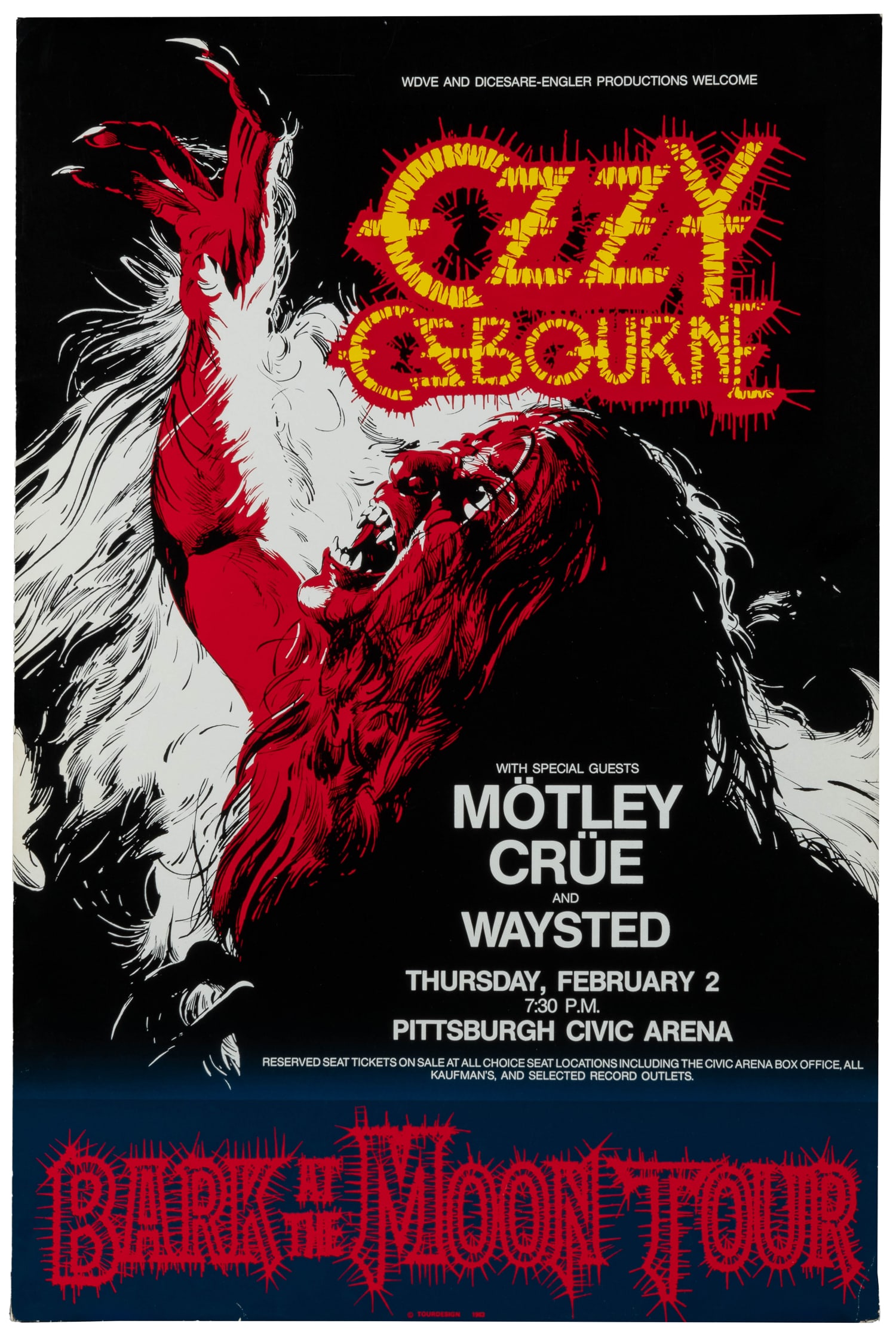 Ozzy Osbourne / Motley Crue & Waysted / Pittsburgh Civic Center. 1983.: Ozzy Osbourne / Motley Crue & Waysted / Pittsburgh Civic Center. 1983. TOURDESIGN Concert poster for the Bark at the Moon Tour in support of his studio album release of the same name,