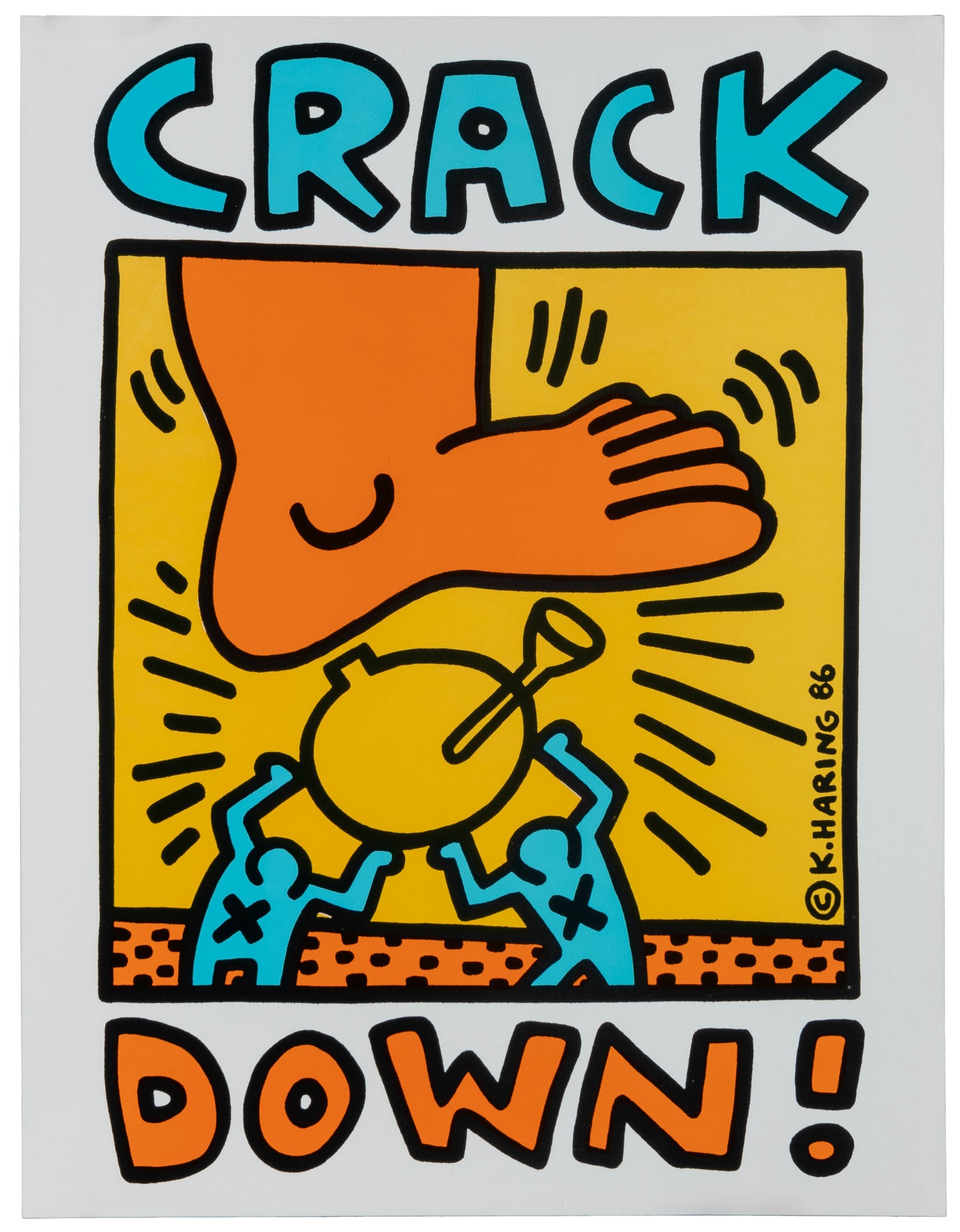 HARING, Keith (1958-1990). Crack Down! 1986.: HARING, Keith (1958-1990). Crack Down! 1986. Poster designed by Keith Haring for the “Crackdown on Crack” concert in New York City, organized by Bill Graham. The concert aimed to raise