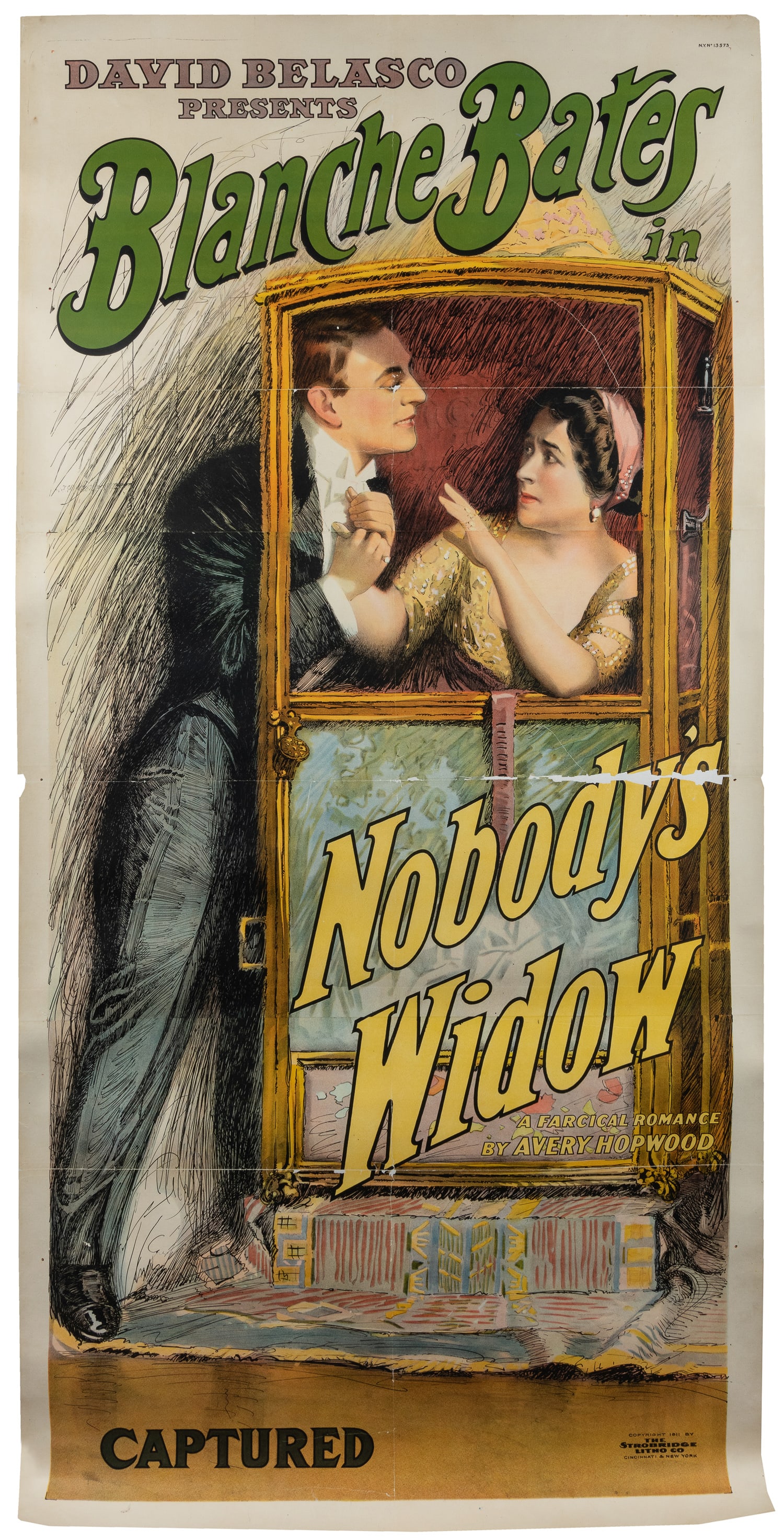 Blanche Bates / Nobody's Widow. 1911.: Blanche Bates / Nobody's Widow. 1911. Cincinnati: Strobridge Litho Co. Color stone lithograph three-sheet theatrical poster for the romance by Avery Hopwood, presented by David Belasco,