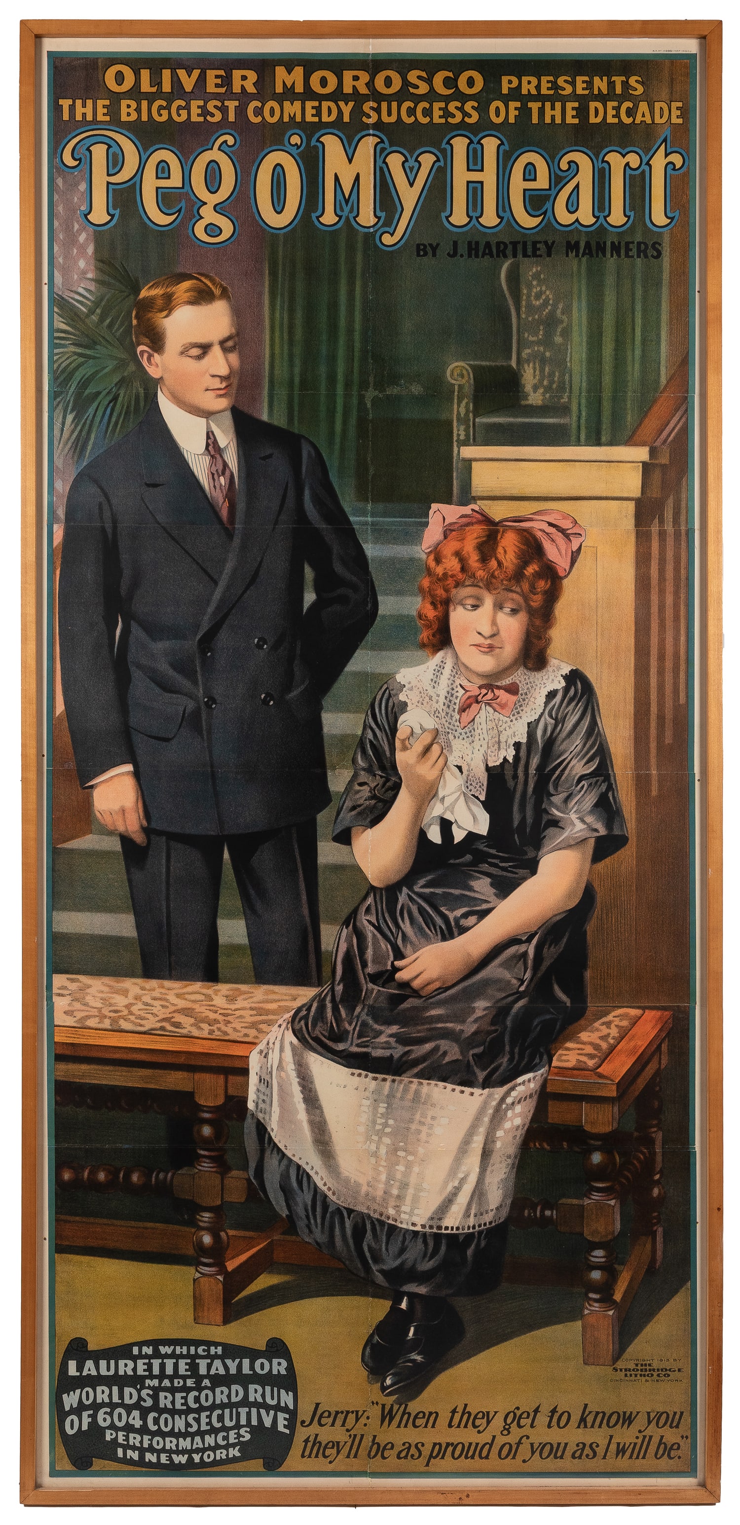 Peg O' My Heart. 1913.: Peg O' My Heart. 1913. Cincinnati: Strobridge. Color stone lithograph three-sheet theatrical poster advertising the Oliver Morosco comedy by J. Hartley Manners, "in which Laurette