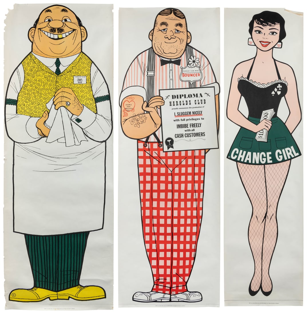 Three Large Cartoon Harold's Club Posters. : Three Large Cartoon Harold's Club Posters. Circa 1960s. Produced for the historically prominent, western themed Reno casino, Harold's Club. Paper. Each about 68" high. Light edge wear; corner bumps. G