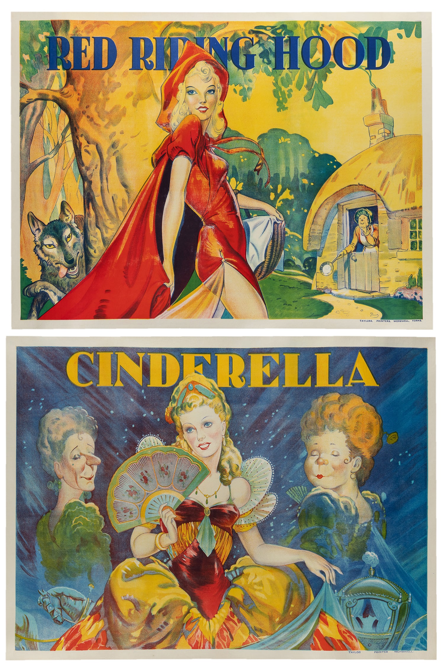 Pair of English theater / pantomime posters.: Pair of English theater / pantomime posters. Wombwell: Taylors Printers, ca. 1930s. Includes Cinderella; and Red Riding Hood. Color lithograph horizontal posters. Both linen backed. Both approx. 30 x