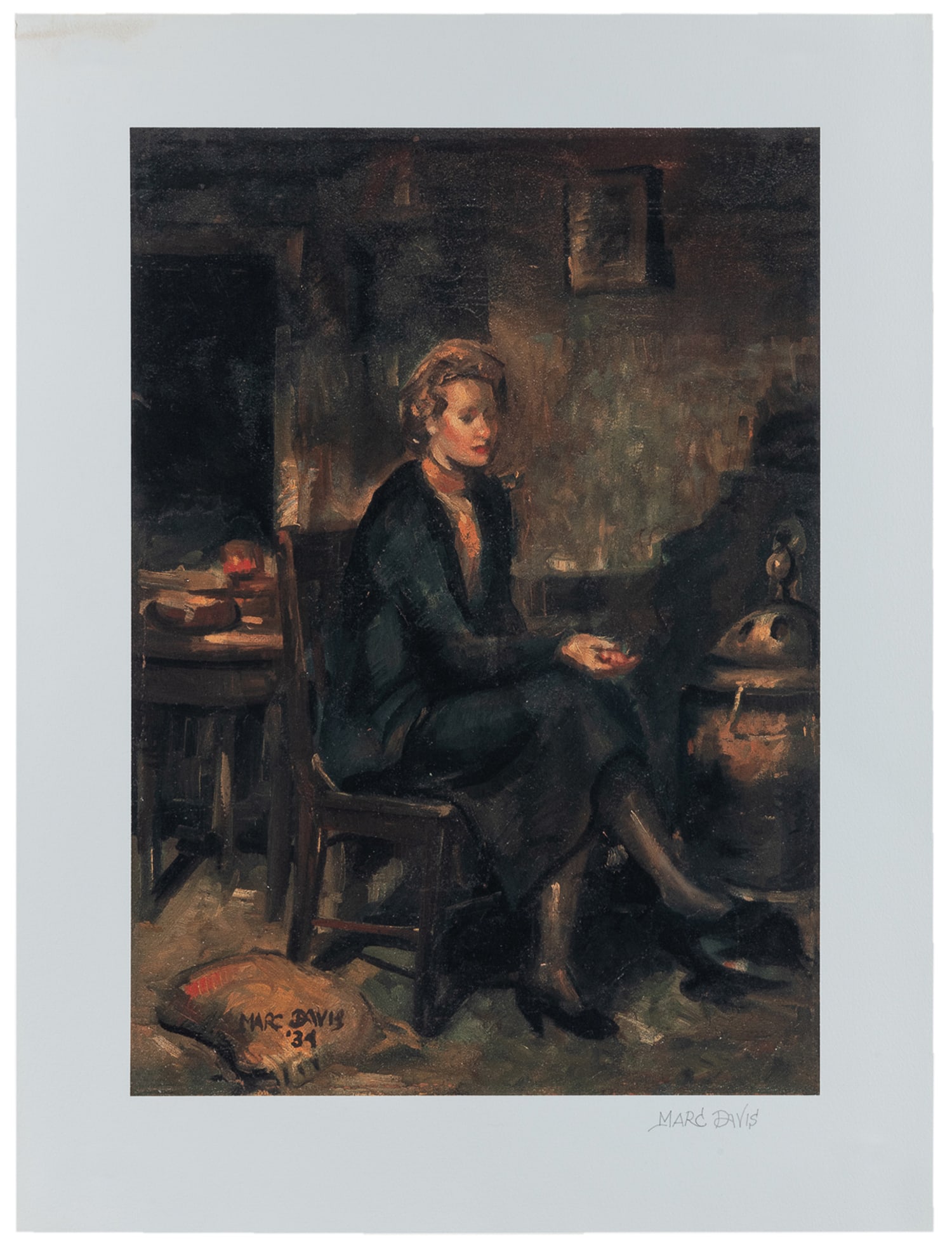 DAVIS, Marc Fraser (1913-2000). Meditation. 1934.: DAVIS, Marc Fraser (1913-2000). Meditation. 1934. Giclee on paper. Signed lower right-hand corner and signed and dated in plate. Printed later. Unframed. Davis was a prominent American artist and anim