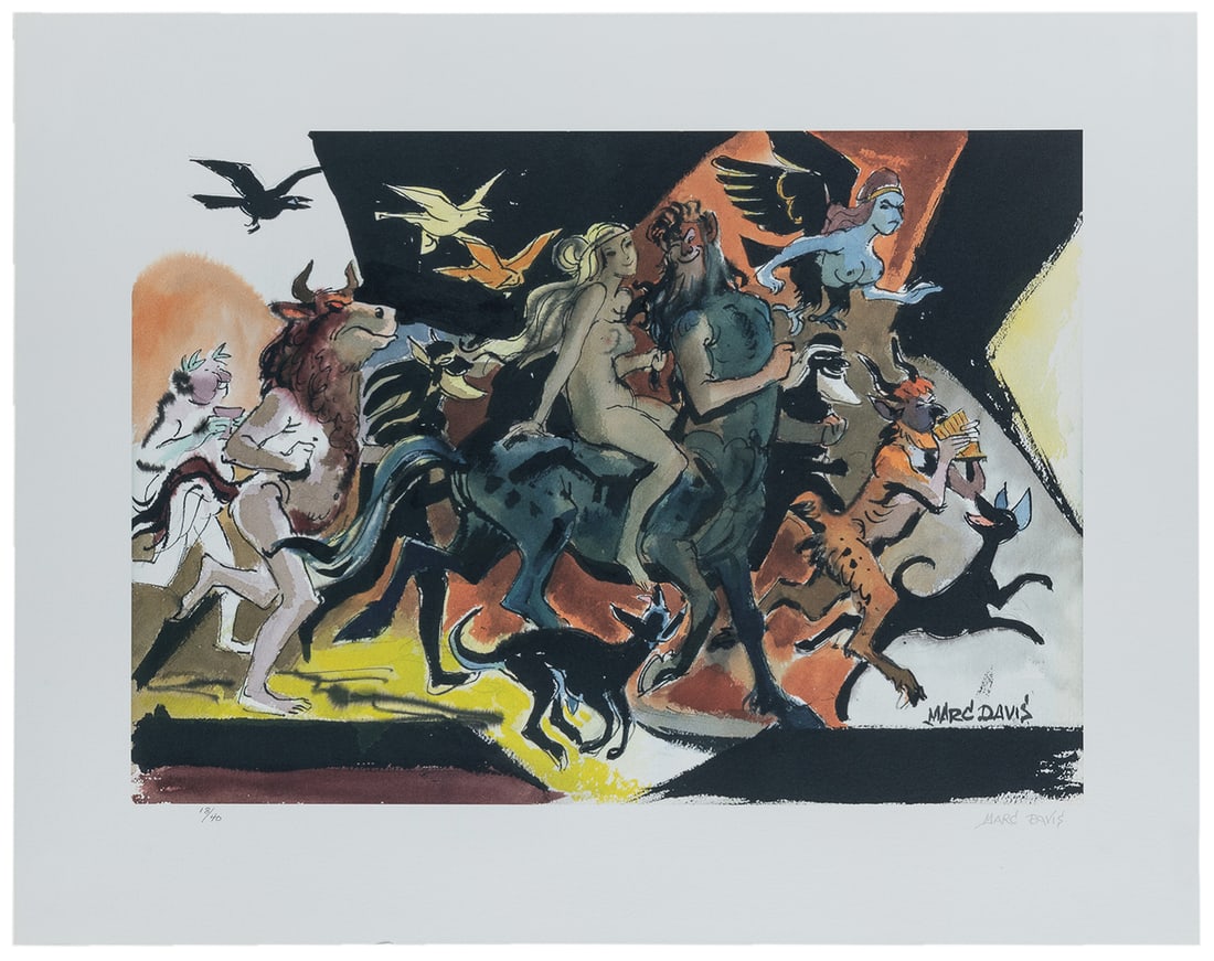 DAVIS, Marc Fraser (1913-2000). Lady Godiva Riding a Centaur in a Parade of Mythological Creatures. : DAVIS, Marc Fraser (1913-2000). Lady Godiva Riding a Centaur in a Parade of Mythological Creatures. Not dated. Giclee on paper. (Printed later). Edition 18/40. Signed lower right-hand corner and