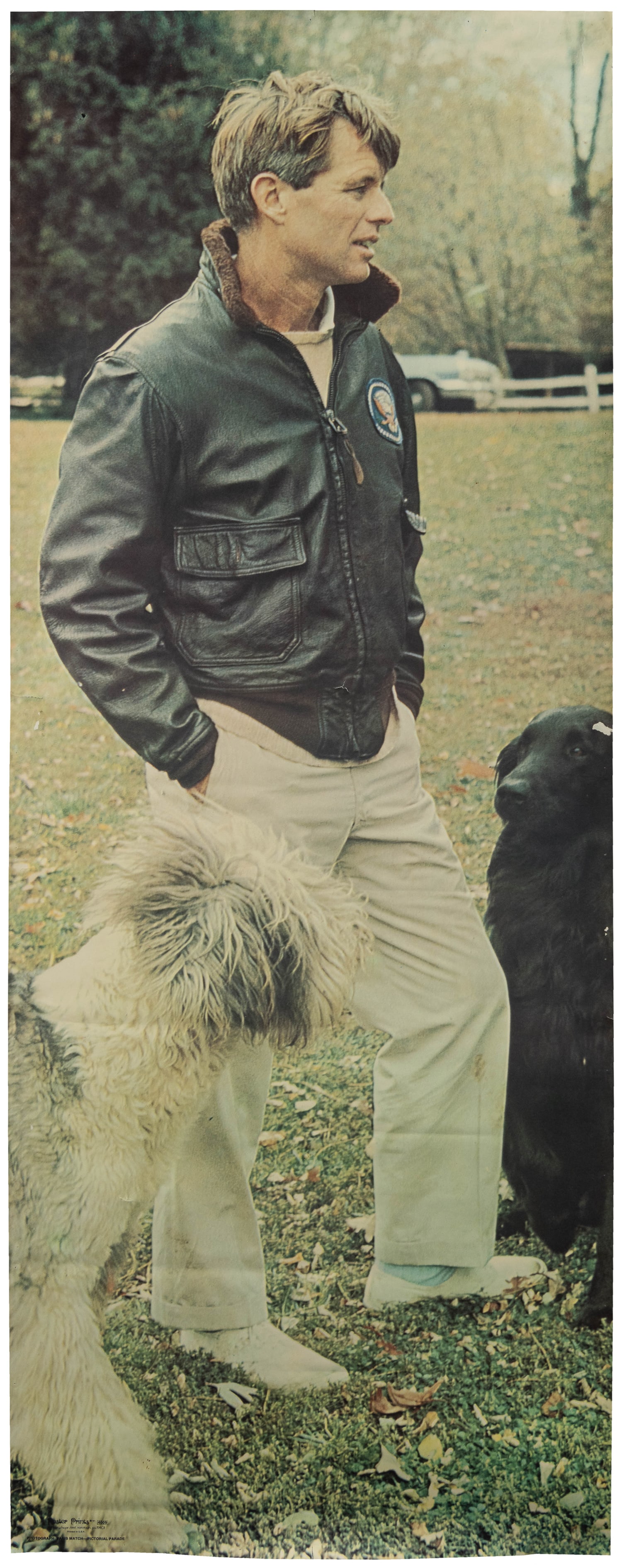 Robert F. Kennedy. 1971.: Robert F. Kennedy. 1971. Norristown: Poster Prints. Photograph: Paris Match - Pictorial Parade. Color offset door panel poster depicting RFK in a White House bomber jacket, beside two dogs.Paper. 63
