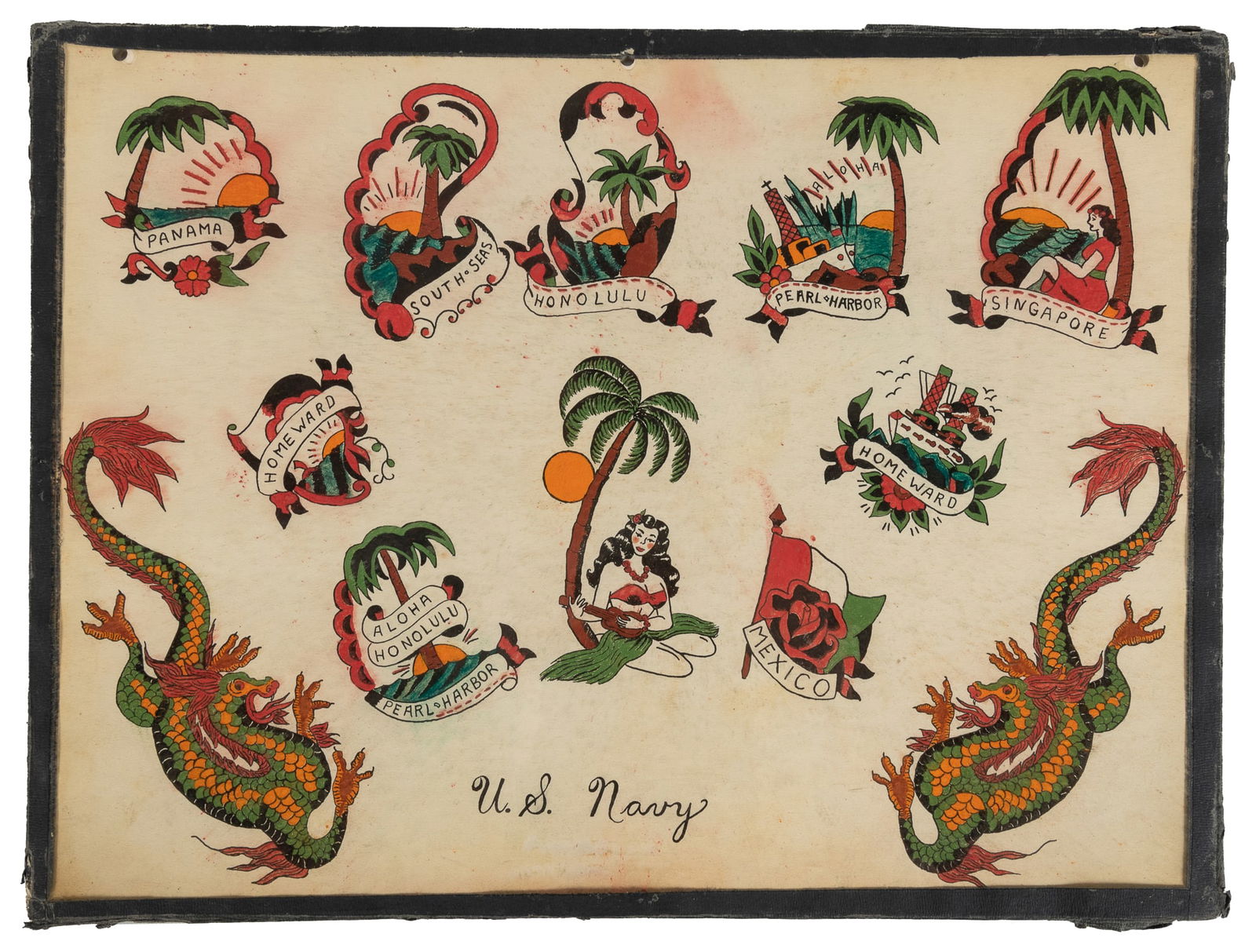 Lucky Lynn Twelve Design Flash Sheet w/ U.S. Naval Ports.: Lucky Lynn (American, active 1940s/50s). Lucky Lynn Twelve Design Flash Sheet w/ U.S. Naval Ports. Unsigned. Ink and watercolor vignettes on board. Approx. 12 x 15". Areas of color bleed; areas of dis