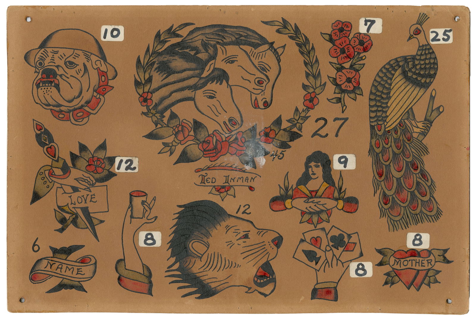 Eleven Flash Designs by Ted Inman featuring Pharaoh's Horses Motif, 1940s.: Ted (Don) Inman Sr. (American, d. 1971). Eleven Flash Designs by Ted Inman featuring Pharaoh's Horses Motif, 1940s. Signed to the center margin. Eleven ink and watercolor designs on board, all represe