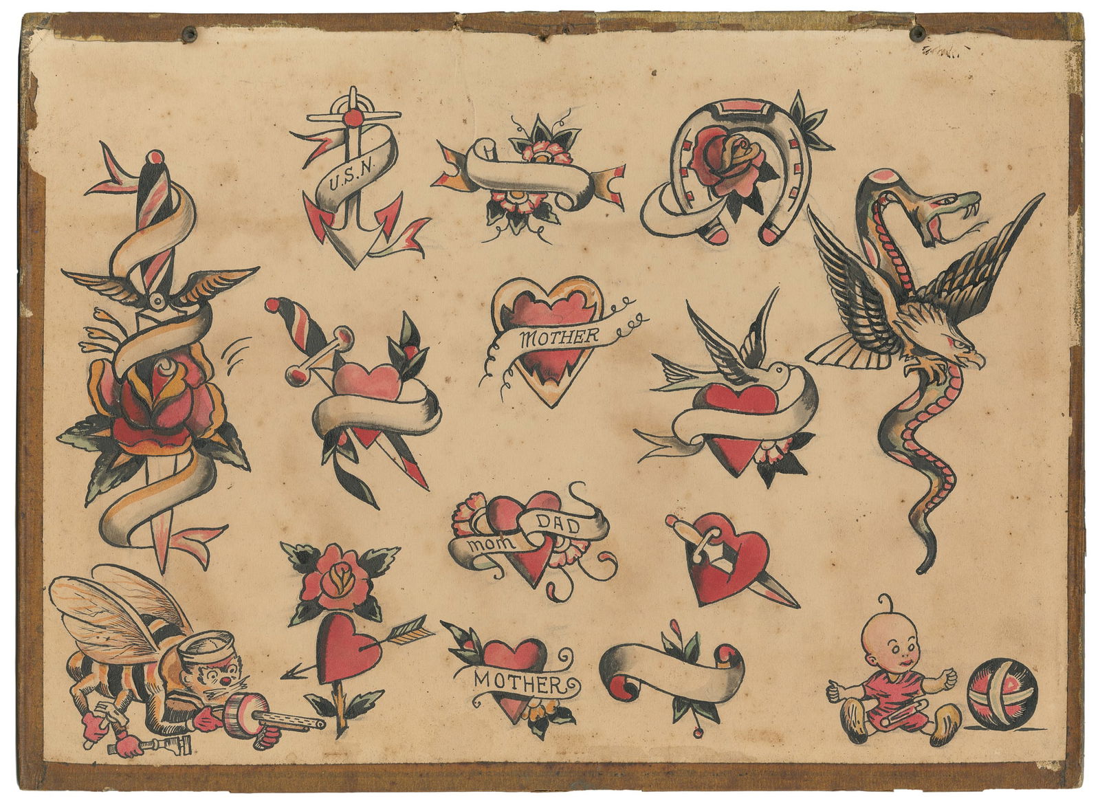 Fifteen Design Original Flash Sheet. NYC: Bowery, 1930-40s: Unknown Artist. Fifteen Design Flash Sheet. NYC: Bowery, 1930-40s. Unsigned. Ink and watercolor on board. Thirteen 2-3" flash designs, many with ribbons for text, flanked by two larger motifs. 11 x 15