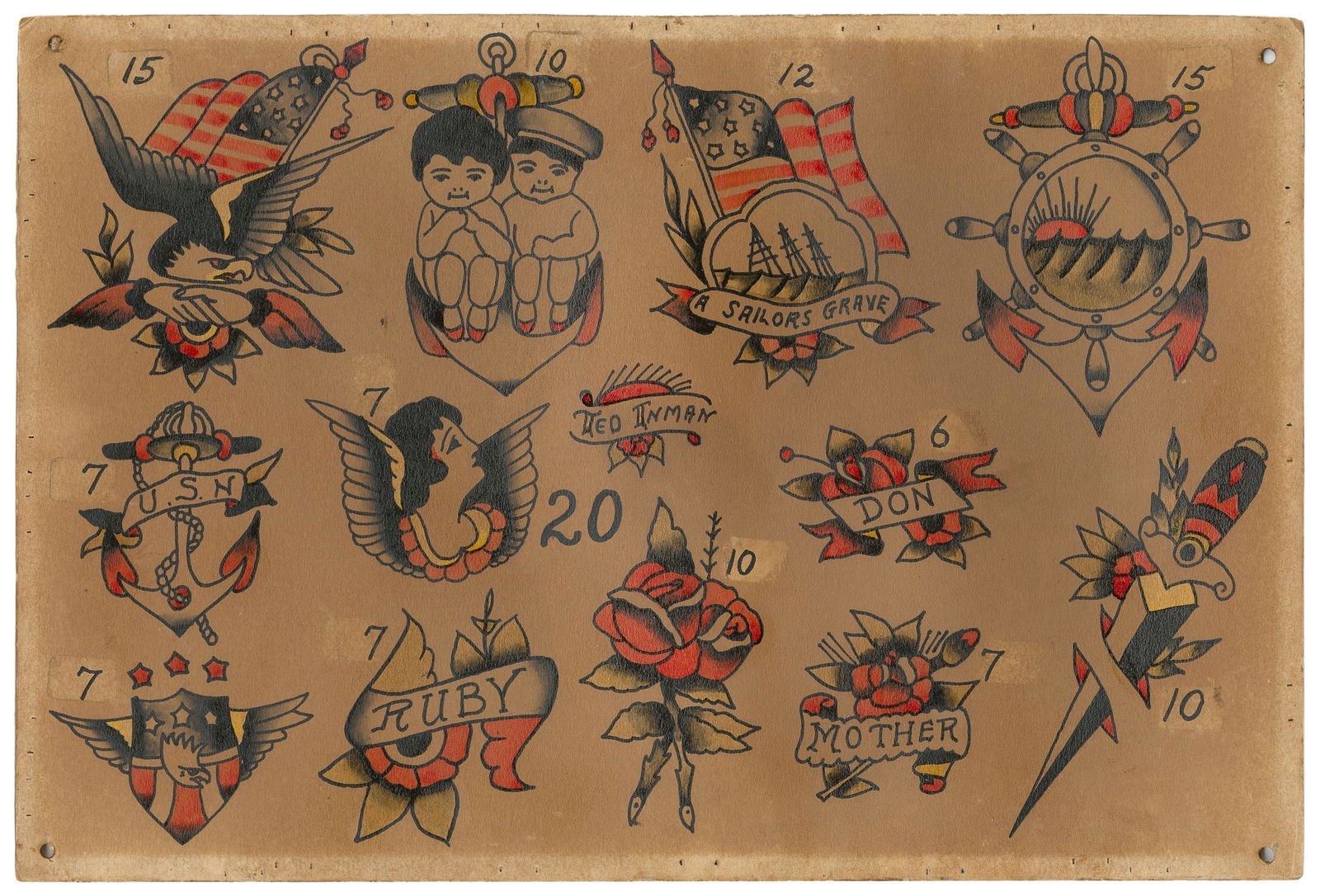 Ted Inman Twelve Design Flash Sheet, 1948: Ted (Don) Inman Sr. (American, d. 1971). Ted Inman Twelve Design Flash Sheet, U.S., 1948. Signed to the center, dated to verso. Ink and watercolor on board. Twelve flash designs, many presenting Naval