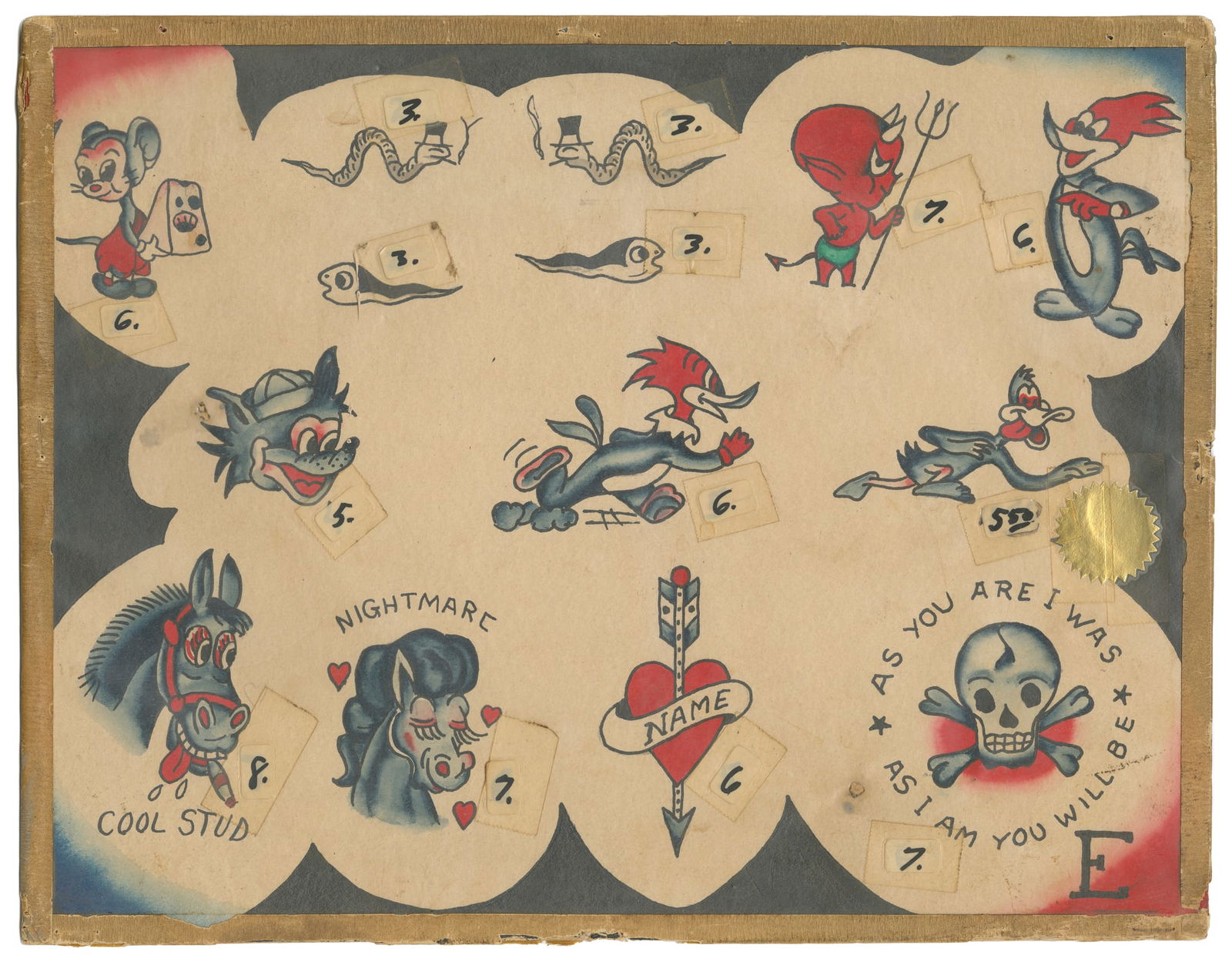 “As You Are I Was, As I am You Will Be” - Fourteen Designs by Bert Grimm: Hand-painted tattoo flash sheet with hand colored borders by Bert Grimm (born Edward Cecil Reardon, 1900-1985). U.S, ca. 1940s. Unsigned. Commonly referred to as “the grandfather of old school T