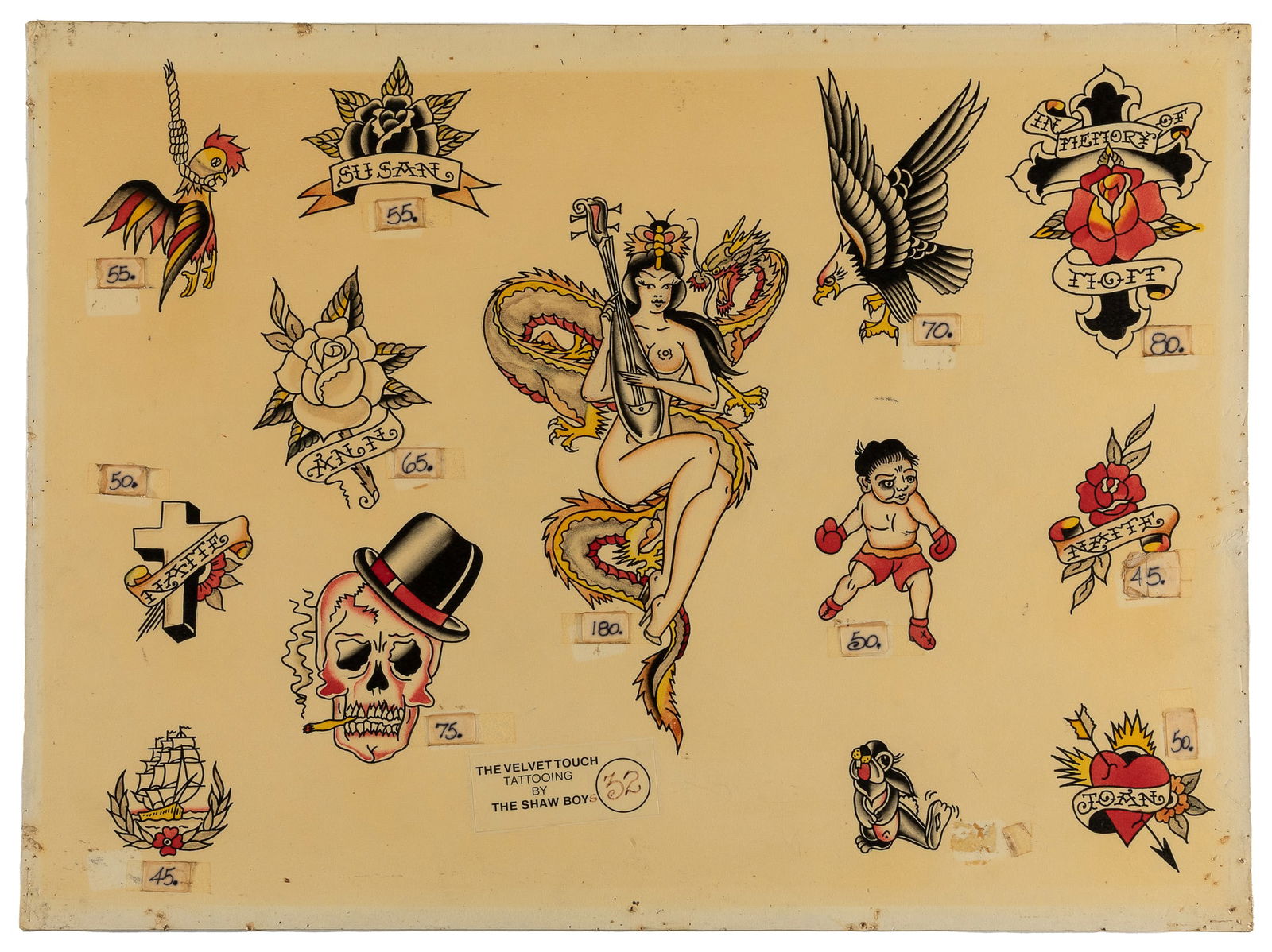 Bob Shaw Thirteen Design Flash Sheet, 1960s: Bob Shaw (1926-1993). Long Beach: The Velvet Touch Tattooing by the Shaw Boys, 1960s. Unsigned. Ink and watercolor on board. Central Japanese-inspired pinup surrounded by many dedication tattoos. 15 x