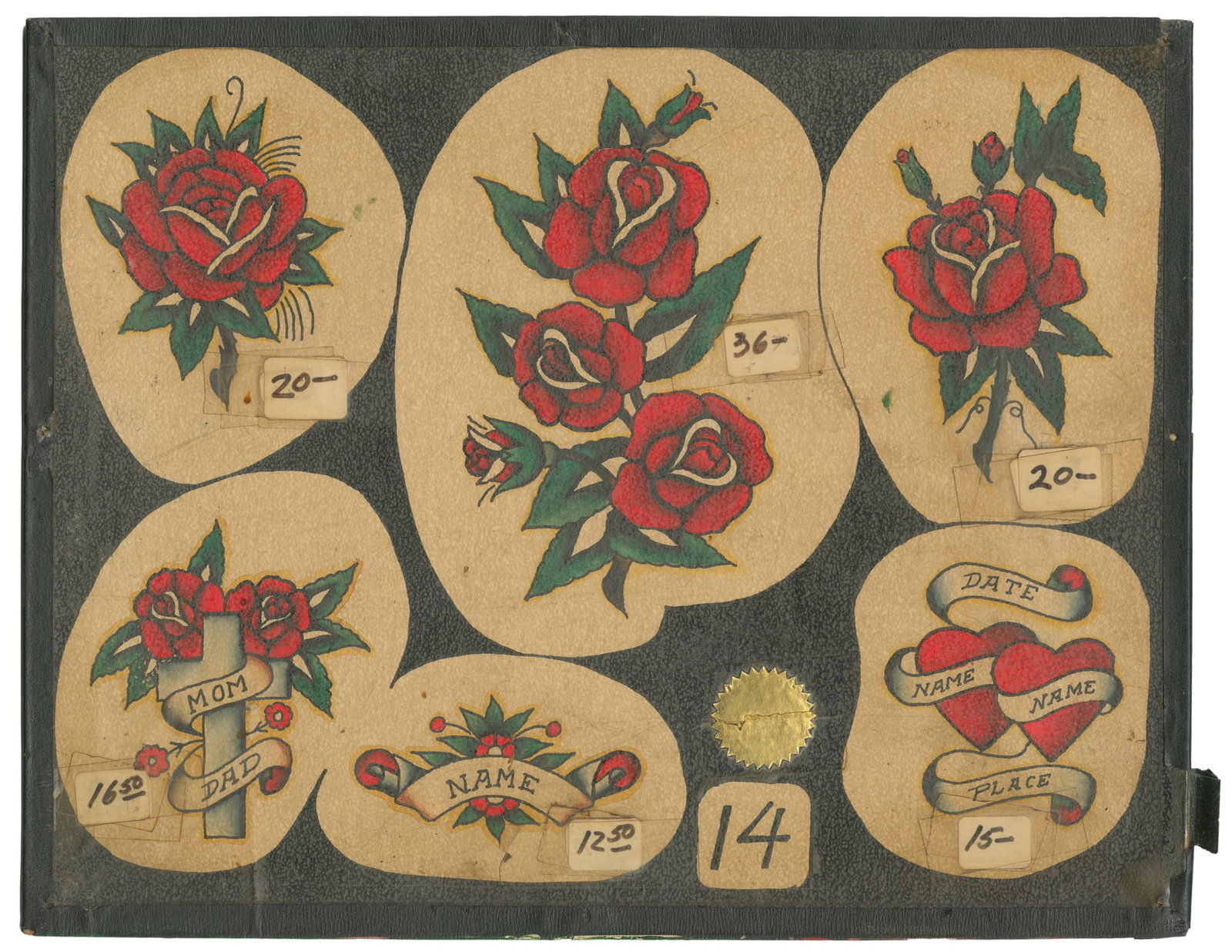 Tattoo Lou Floral Flash Sheet. Bert Grimm's Long Beach, Long Beach, CA, Ca. 1940s: Louis DeGennaro (1910-1968), aka Lou Lewis/Tattoo Lou. Tattoo Lou Floral Flash Sheet. Bert Grimm's Long Beach, Long Beach, CA, ca. 1940s. Unsigned. Six ink and watercolor drawings on paper, pasted to