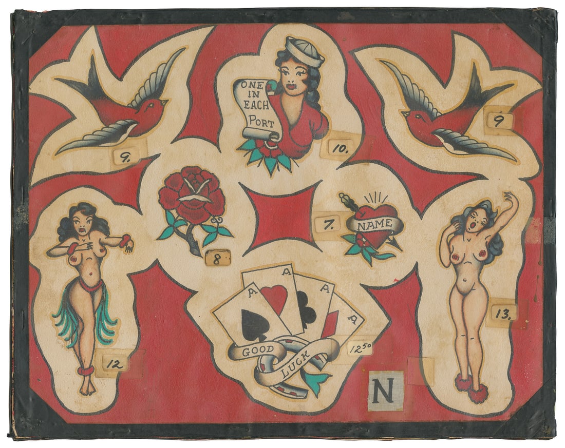 Eight Designs on Red Background by Tattoo Lou: Hand-painted tattoo flash sheet with hand colored red background by Lou Lewis (d. 1969), Bert Grimm’s, Long Beach, CA, ca. 1940s. Ink and watercolor on board. Flash sheet with eight classic sail