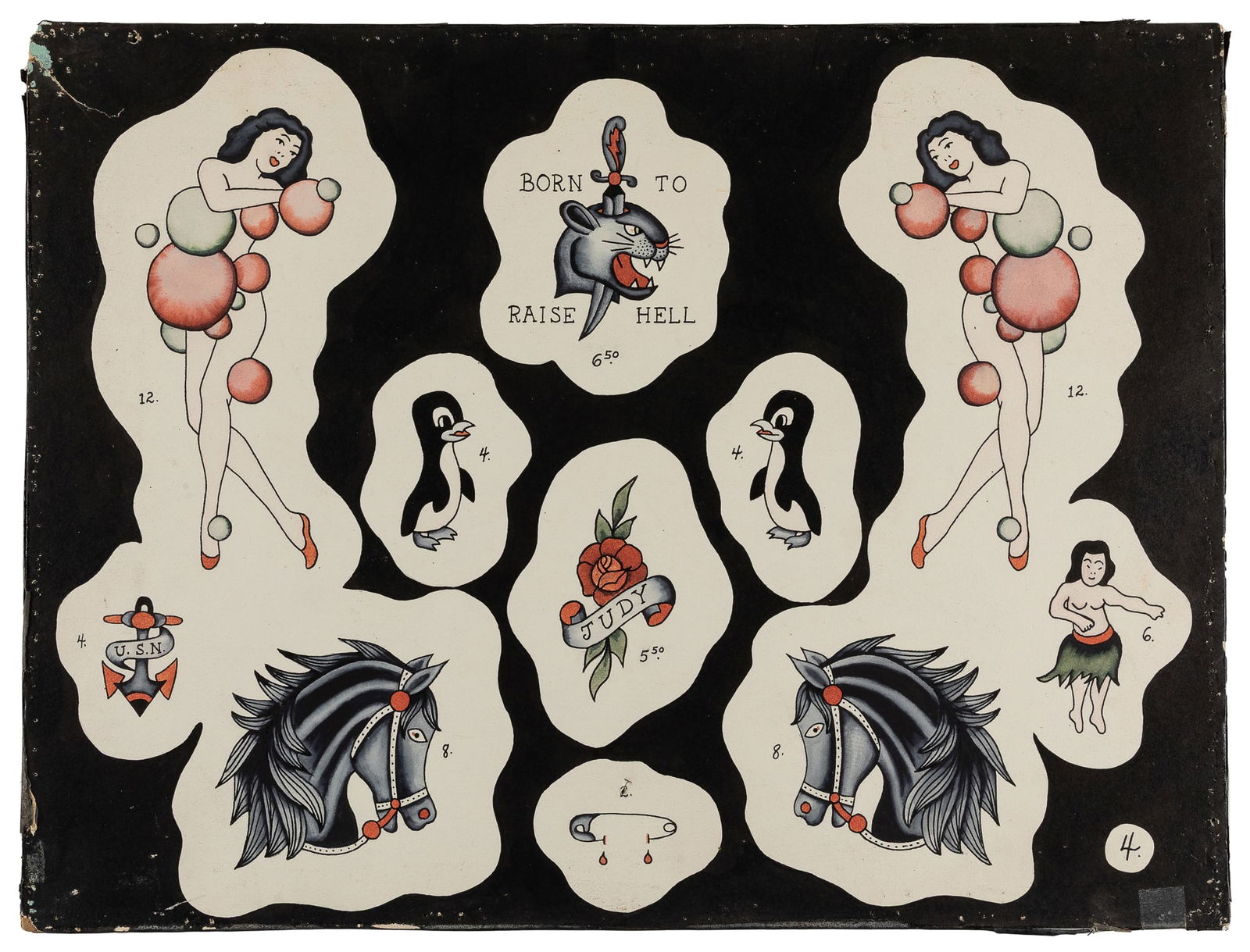 Flash Sheet From Bert Grimm’s Tattoo, Long Beach, CA., ca. 1940s-1950s: Artist Unknown. Bert Grimm’s Tattoo, Long Beach, CA, 1940s/50s. Unsigned. Ink and watercolor on board. Eleven designs, most mirrored images, including pinups and stylized animal illustrations. 1