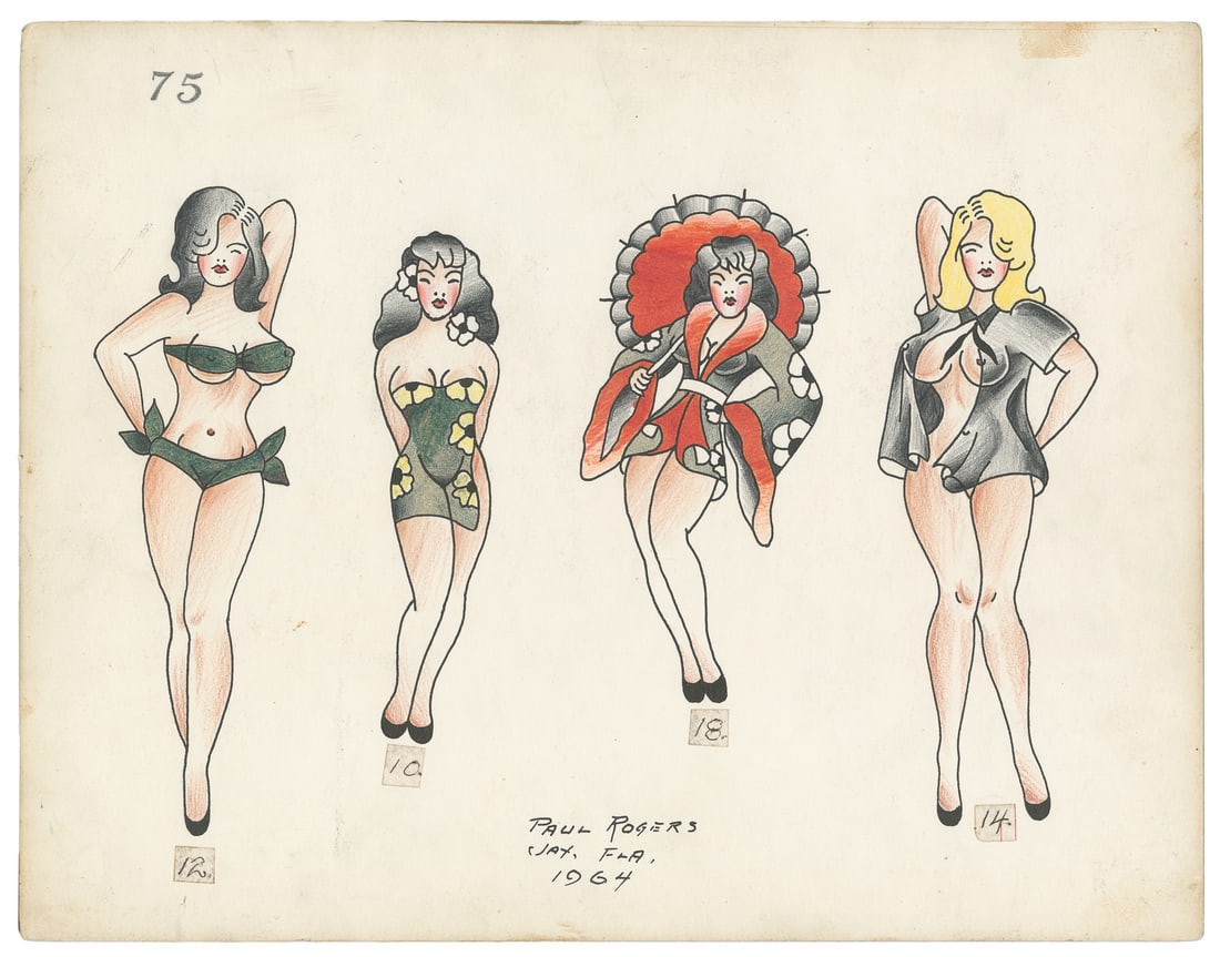 Four Pinup Flash Designs by Paul Rogers. Florida, 1964: Paul Rogers (American, 1905-1999). Four Pinup Flash Designs by Paul Rogers. Florida, 1964. Signed and dated to the lower center margin. Four hand-colored pinup designs on board with original pricing i