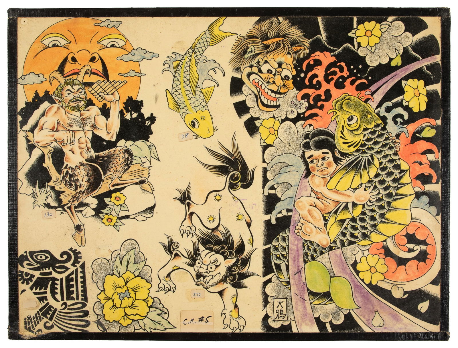 Japanese-Inspired Sheet by Cliff Raven: Hand-painted sheet by Cliff Raven Ingram (1932-2001). Likely from Lyle Tuttle’s Sunset Strip Tattoo Shop, Los Angeles, 1979. Ink and watercolor on board. Flash sheet displays six designs, with f