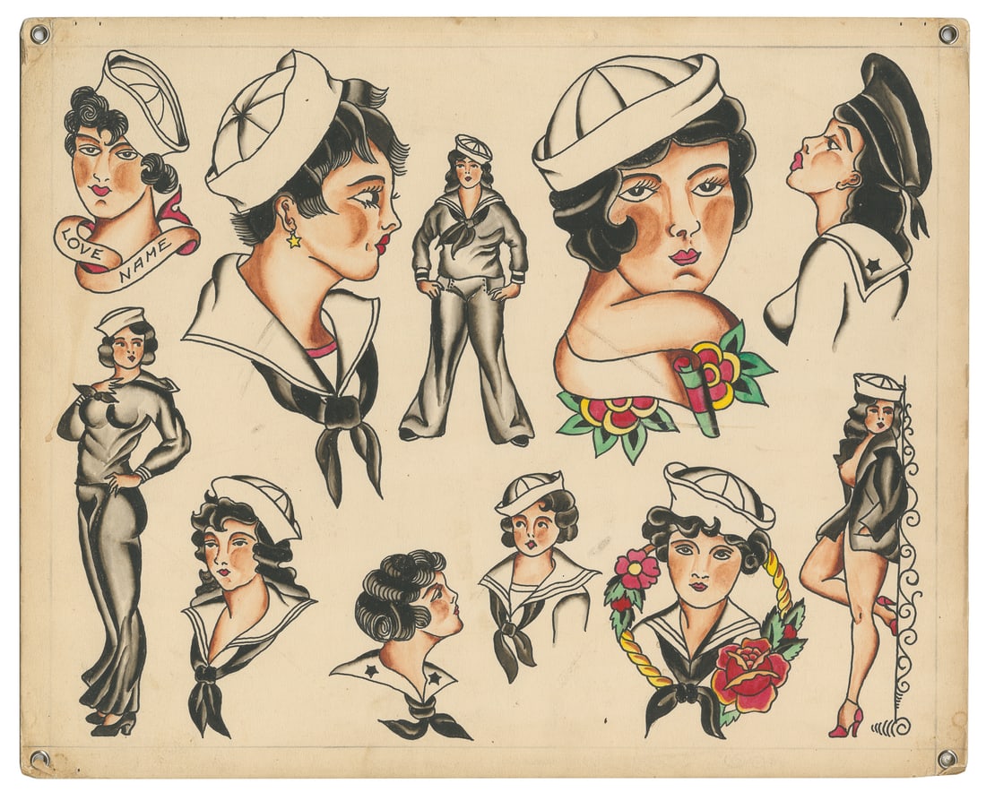 Leon Miller Flash Sheet of Sailor Pinups. U.S., ca. late 1950s: Leon Miller (American, Early 20th Century). Leon Miller Flash Sheet of Sailor Pinups. U.S., ca. late 1950s. Unsigned. Eleven ink and watercolor flash designs on board. 12 x 15". Light, even toning to