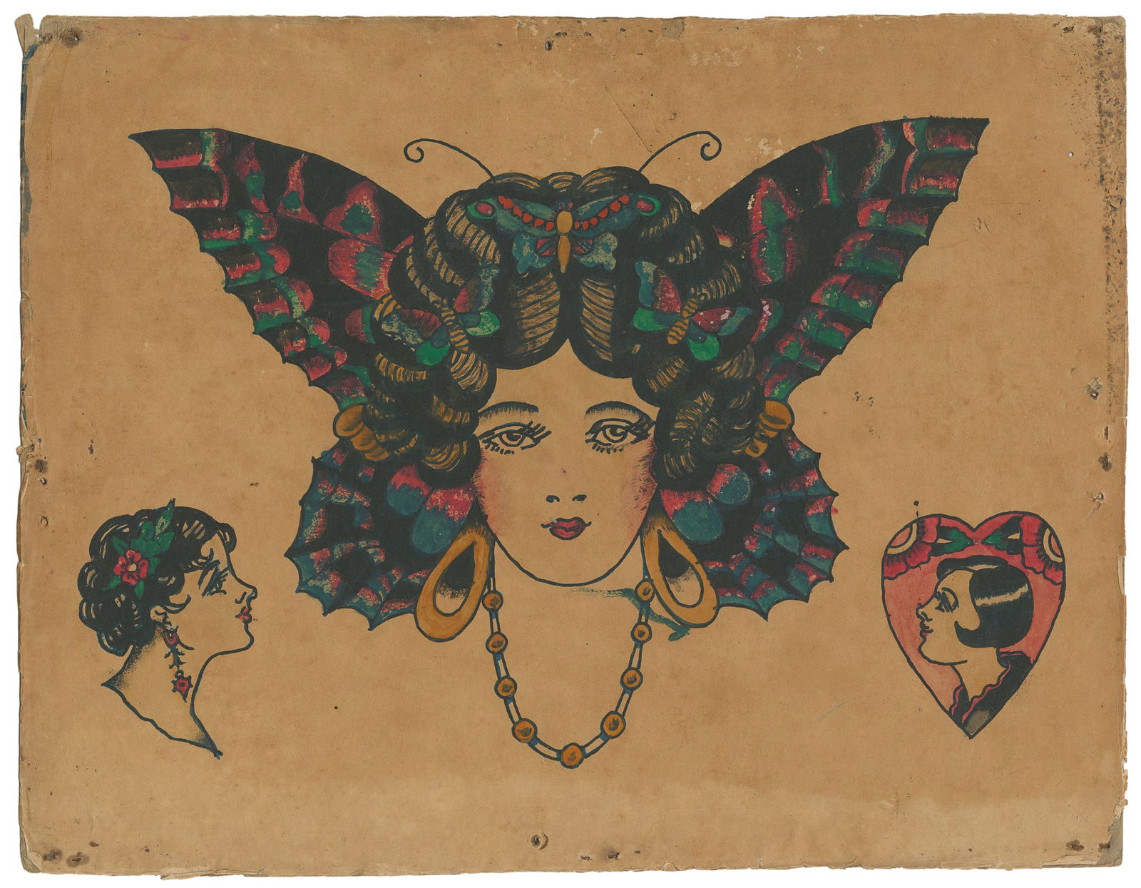 Original Ink and Watercolor Portrait Flash Sheet. NYC: Bowery, ca. 1900-1930s.: Unknown Artist. Original Ink and Watercolor Portrait Flash Sheet. NYC: Bowery, ca. 1900-1930s. Unsigned. Three ink and watercolor portrait flash designs, one larger 8" butterfly motif, and two smaller