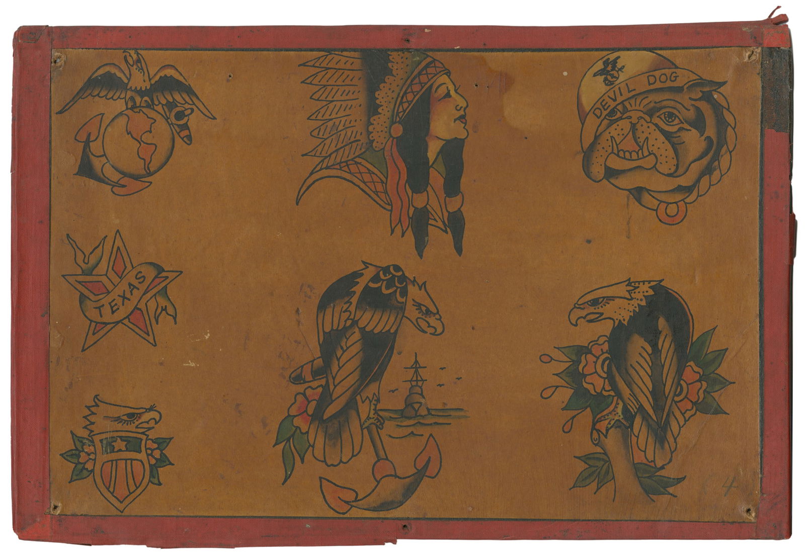 Seven Design Flash Sheet by Ed Smith. USA, ca. 1930-40s: Ed Smith (American, active Early 20th Century). Seven Design Flash Sheet by Ed Smith. USA, ca. 1930-40s. Unsigned. Seven ink and watercolor designs on board exhibiting naval designs, eagles, and Ameri