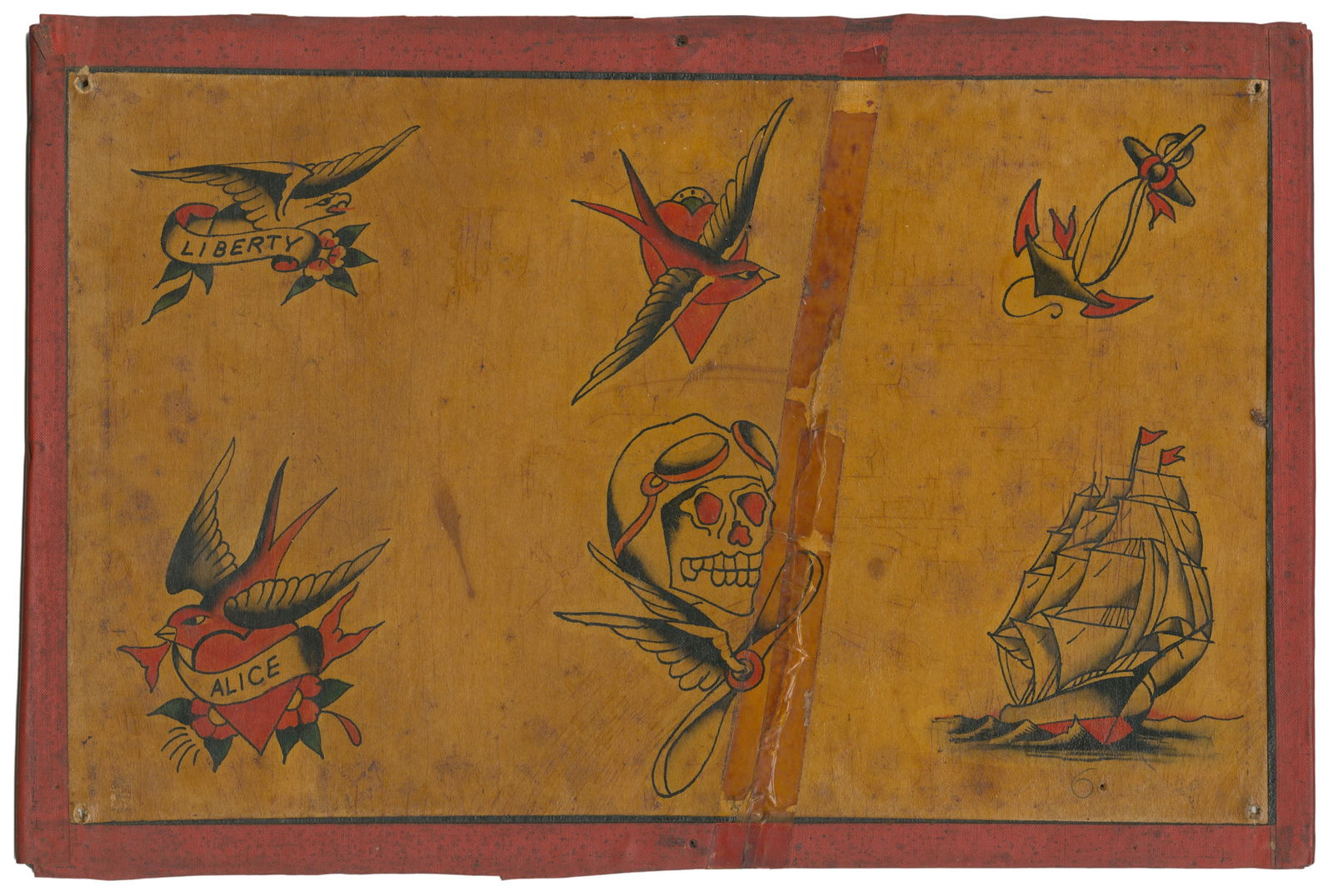 Six Design Flash Sheet by Ed Smith. USA, ca. 1930-40s: Ed Smith (American, active Early 20th Century). Six Design Flash Sheet by Ed Smith. USA, ca. 1930-40s. Unsigned. Six ink and watercolor designs on board. 9 1/2 x 14". Heavily toned. tape repair presen