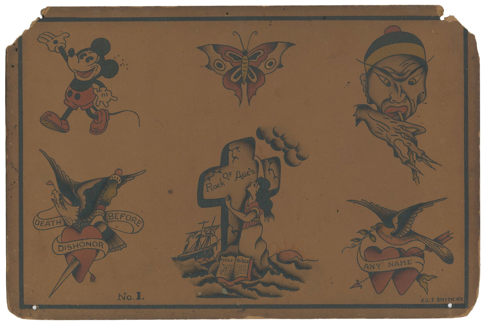 Six Ed Smith Flash Designs, including "Rock of Ages". NYC: Bowery, ca. 1920s.: Ed Smith (American, Early 20th Century). Six Ed Smith Flash Designs, including "Rock of Ages". NYC: Bowery, ca. 1920s. Signed to the lower right margin. Ink and watercolor on board. Six illustrated ta