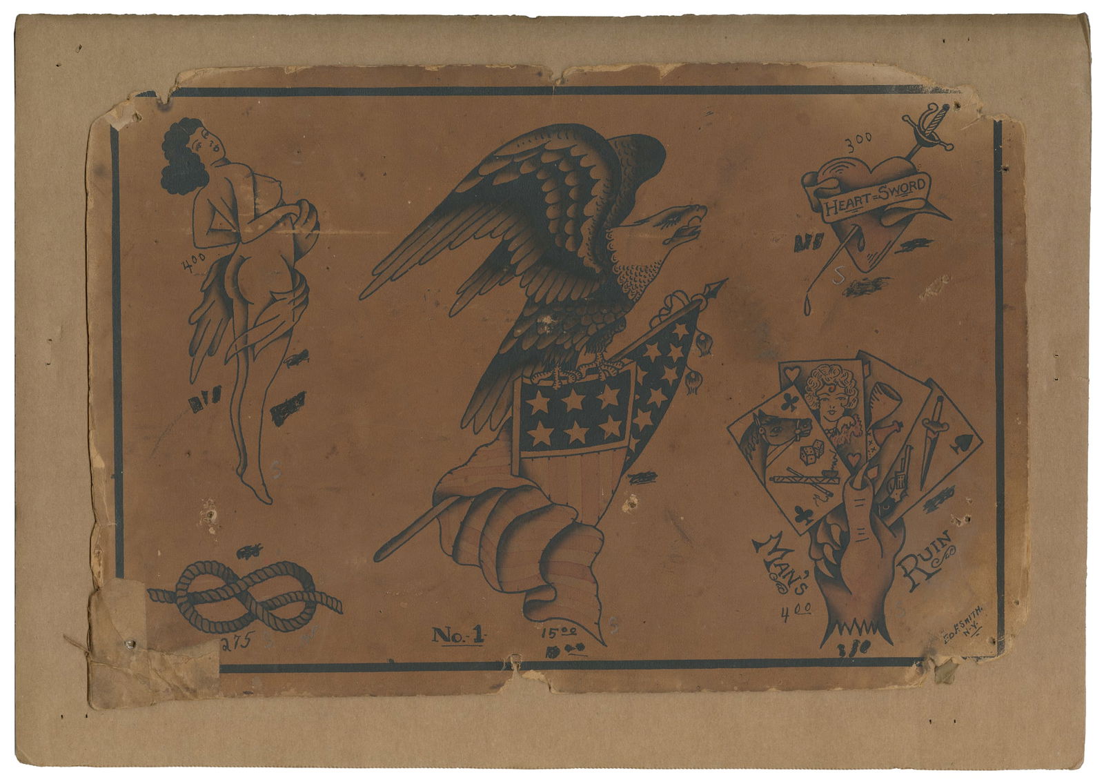 Five Ed Smith Flash Designs including "Man's Ruin". NYC: Bowery, ca. 1920s: Ed Smith (American, Early 20th Century). Five Ed Smith Flash Designs, including "Man's Ruin". NYC: Bowery, ca. 1920s. Signed to the lower right margin. Ink and watercolor on board. Five illustrated ta