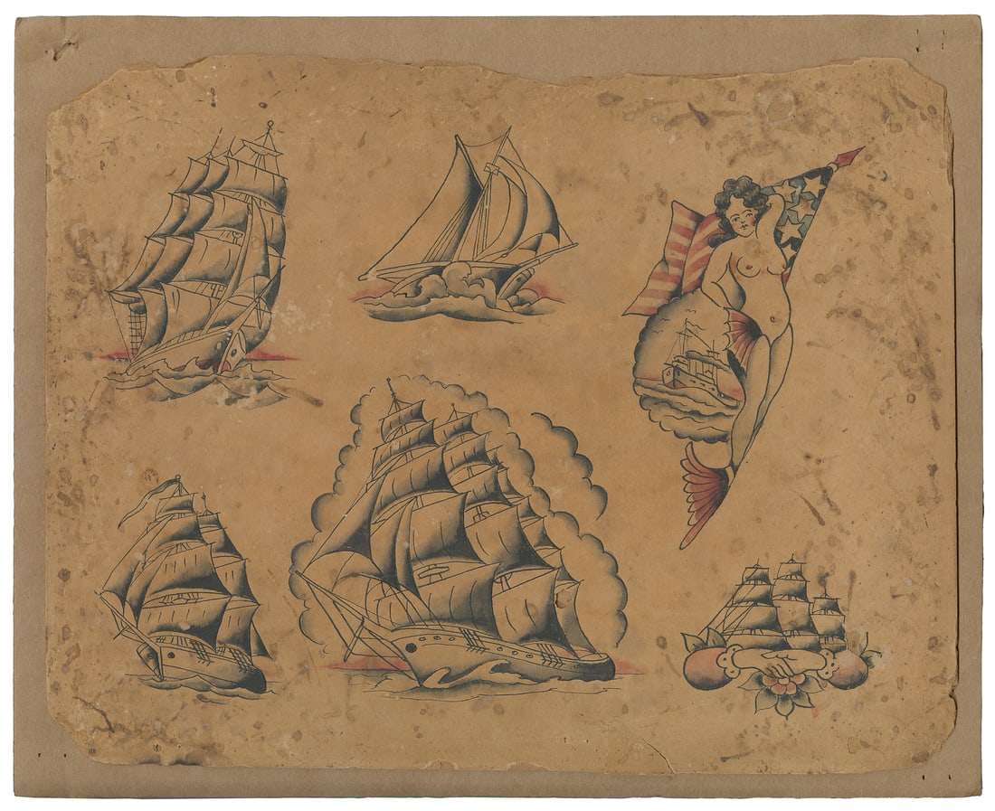 Ed Smith Six Design Naval Flash Sheet. NYC: Bowery, 1930: (attributed) Ed Smith (American, Early 20th Century). Six Naval Flash Designs by Ed Smith. NYC: Bowery, 1930. Unsigned. Ink and watercolor on board. Six sailing ship designs symbolic of many gentlemen