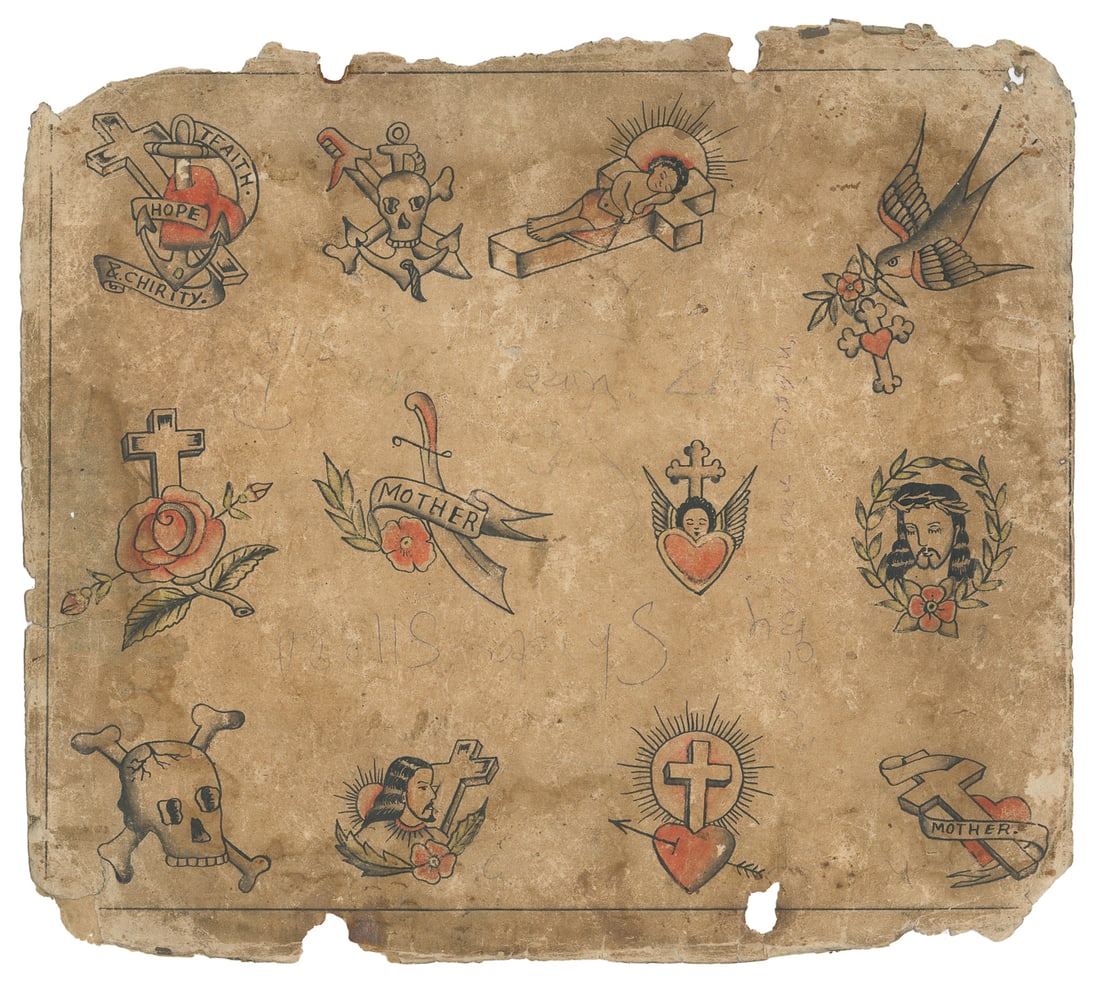 Divine Tattoo Flash Sheet. [U.K.], Early 20th Century: Unknown Artist. Divine Tattoo Flash Sheet. [U.K.], Early 20th Century. Twelve ink and watercolor designs of religious iconography. 9 x 11". Discoloration and soiling; pencil inscriptions across sheet.