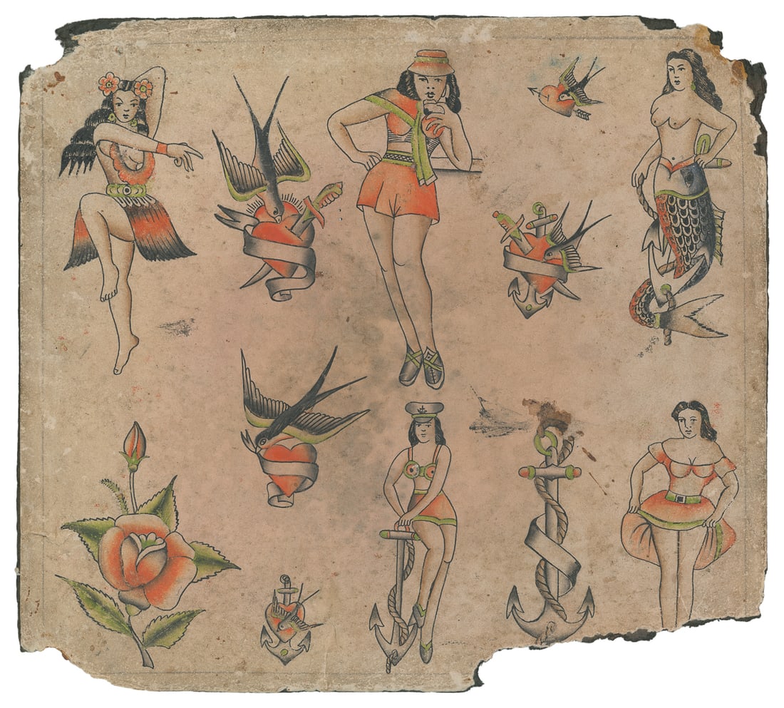 Twelve Hand-Colored Flash Designs featuring Pin-Ups. [U.K.], Early 20th Century.: Unknown Artist. Twelve Hand-Colored Flash Designs featuring Pin-Ups. [U.K.], Early 20th Century. Ink and watercolor flash on board with illustrations of the American pin-up in various poses with other