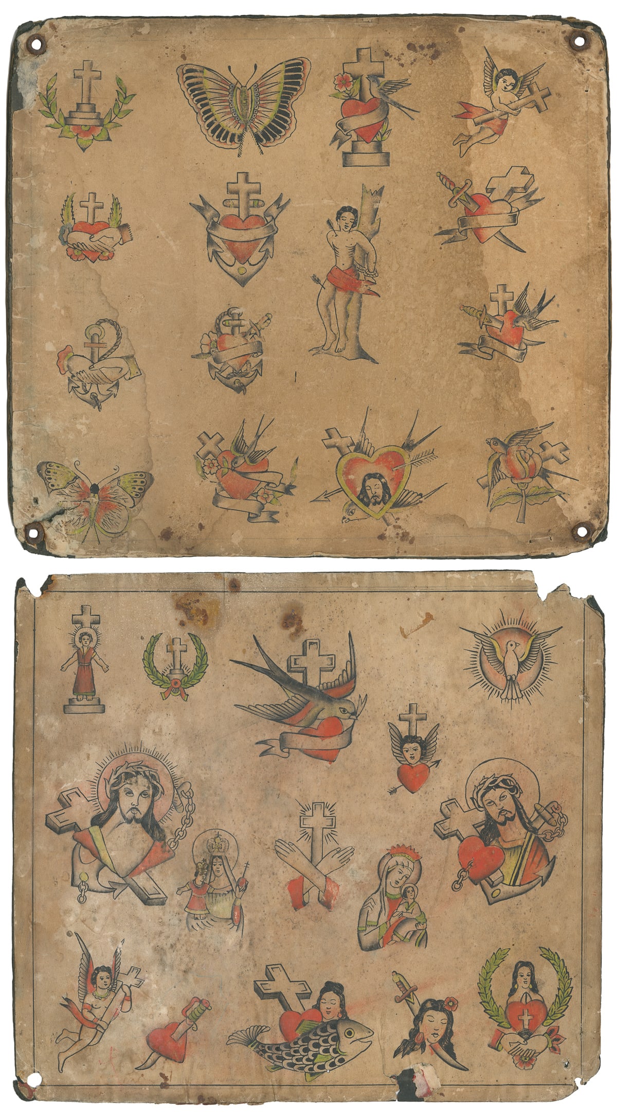 Pair of Religious Tattoo Flash Sheets. [U.K], Early 20th Century.: Pair of Religious Tattoo Flash Sheets. [U.K], ca. 1910s/20s. Two hand-colored flash panels featuring religious iconography, including images of Jesus, Madonna & Child, sparrows/swallows, and crosses s