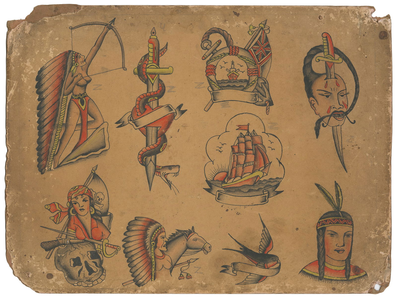 Nine Flash Designs with Maritime and Frontier Themes. U.K., Early 20th Century.: Unknown Artist [United Kingdom, Early 20th Century]. Nine Flash Designs with Maritime and Frontier Themes. U.K., Early 20th Century. Unsigned. Ink and watercolor on board. Nine images, including motif