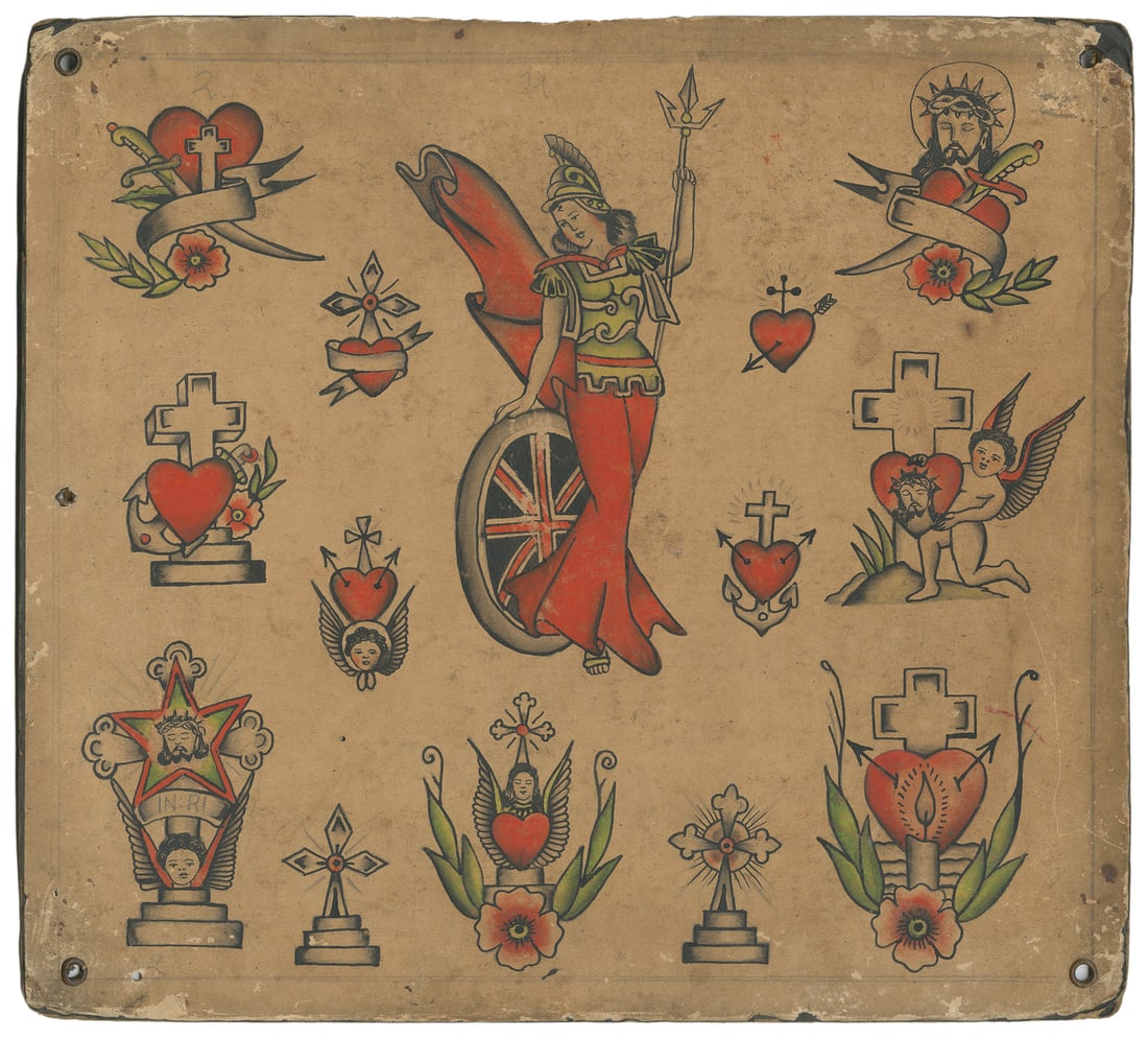 Religious & Patriotic Iconography Flash Sheet. U.K., Early 20th Century.: Unknown Artist [United Kingdom, Early 20th Century]. Religious & Patriotic Iconography Flash Sheet. U.K., Early 20th Century. Unsigned. Ink and watercolor on board. Fourteen flash designs, including a