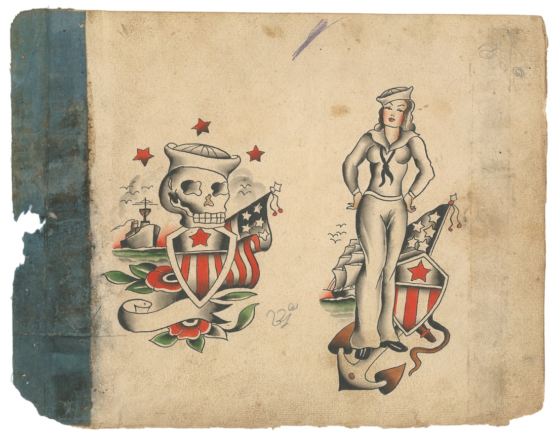 Two Ink and Watercolor Naval Flash Designs. U.S. ca. 1940s: Unknown Artist. United States, ca. 1940s. Unsigned. Ink and watercolor on board. Features two medium-scale naval designs, featuring a uniformed pinup and skull, both with "Dixie cup" hats. 9 1/2 x 12"