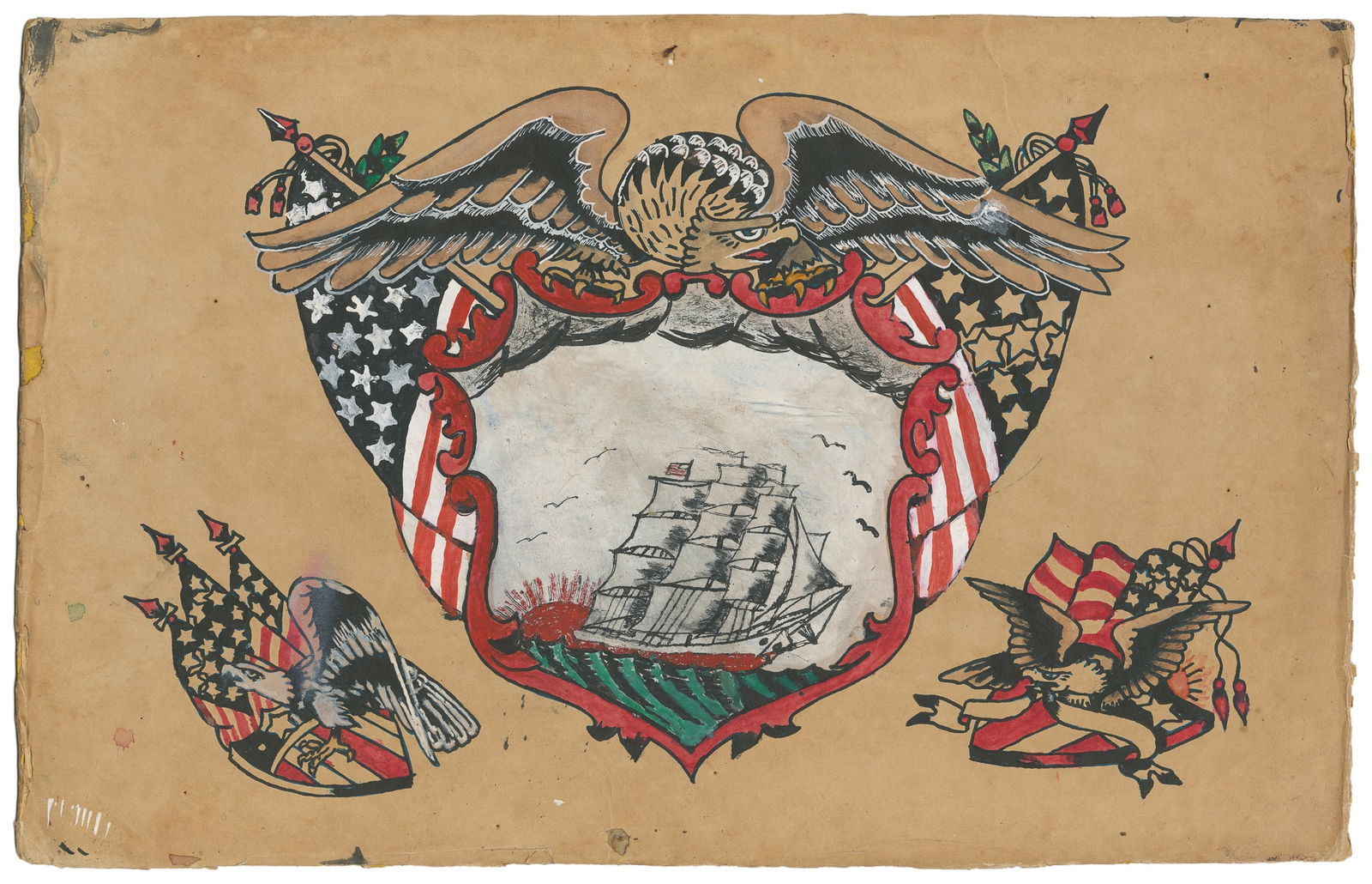 Ace Harlyn Naval Flash Sheet. NYC: Bowery, ca. 1930s: Ace Harlyn (American, Early 20th Century). Ace Harlyn Naval Flash Sheet. NYC: Bowery, ca. 1930s. Unsigned. India ink and watercolor, larger-scale maritime vignette framed by American flag and eagle de