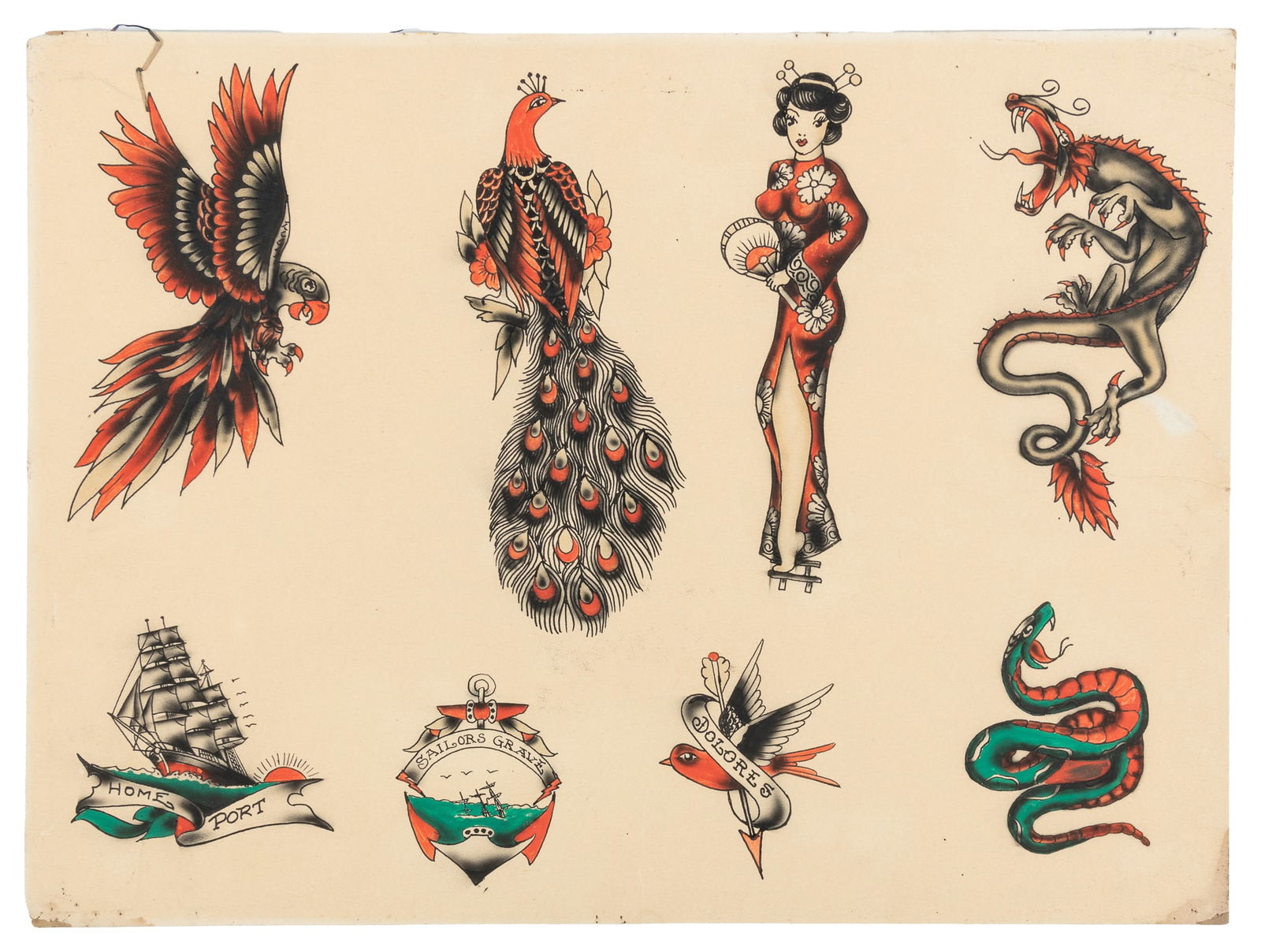 Eight Hand-Colored Flash Designs, UK, ca. 1930-1940s: Unknown Artist. Eight Hand-Colored Flash Designs, UK, ca. 1930-1940s. Unsigned. Eight ink and watercolor flash designs in the American Traditions style with some Japanese influence. 15 x 20". Toning t