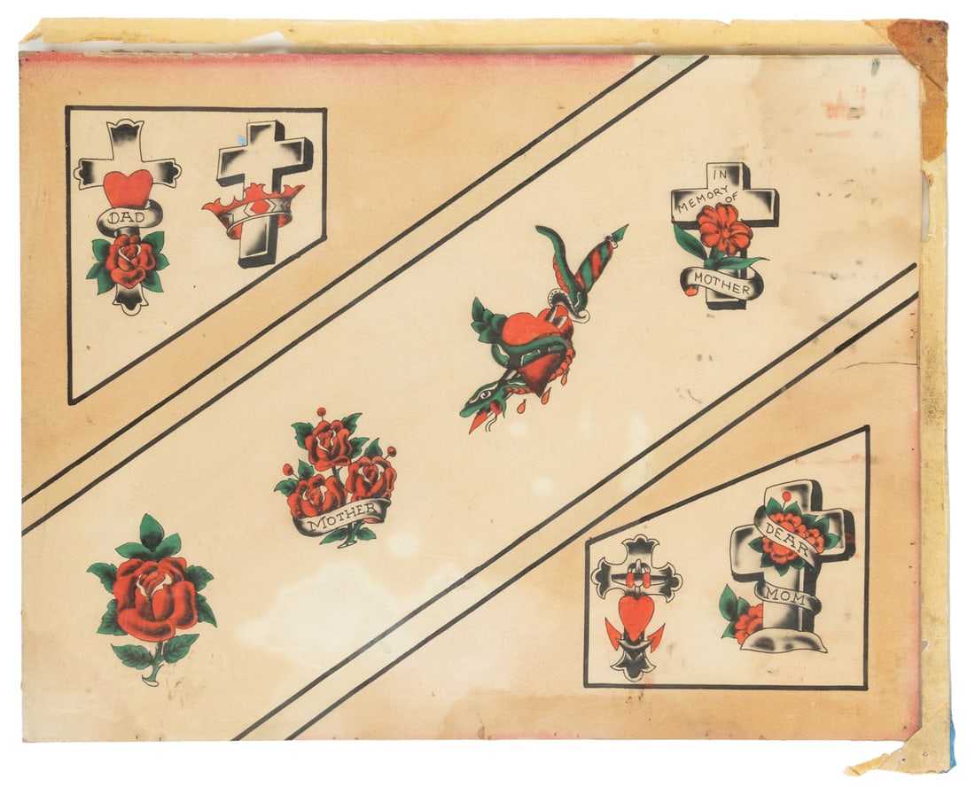 Eight "In Memoriam" Designs Flash Sheet, UK. ca. 1930-1940s: Artist Unknown. United Kingdom, 1930s/40s. Unsigned. Eight hand-inked "In memoriam" designs on board featuring grave markers, roses, and hearts. 14 x 19". Toning; taped sheet edges; areas of colored d