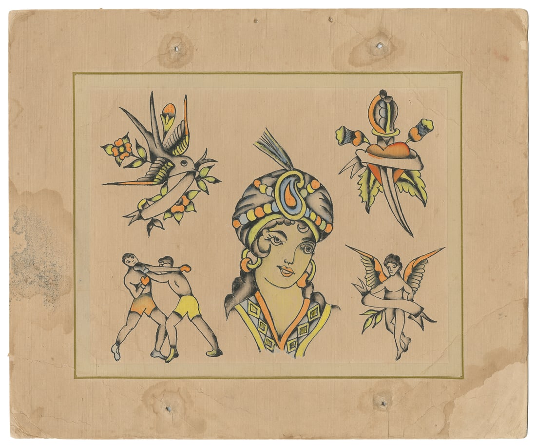 Hand-Colored Tattoo Flash Sheet, UK, early to mid 20th century: Unknown Artist. UK, early to mid-20th century. Unsigned. Five neon-accented ink drawings on board. Boxing match, woman in a headdress, and others.10 x 12". Toning to sheet, darkened areas indicative o