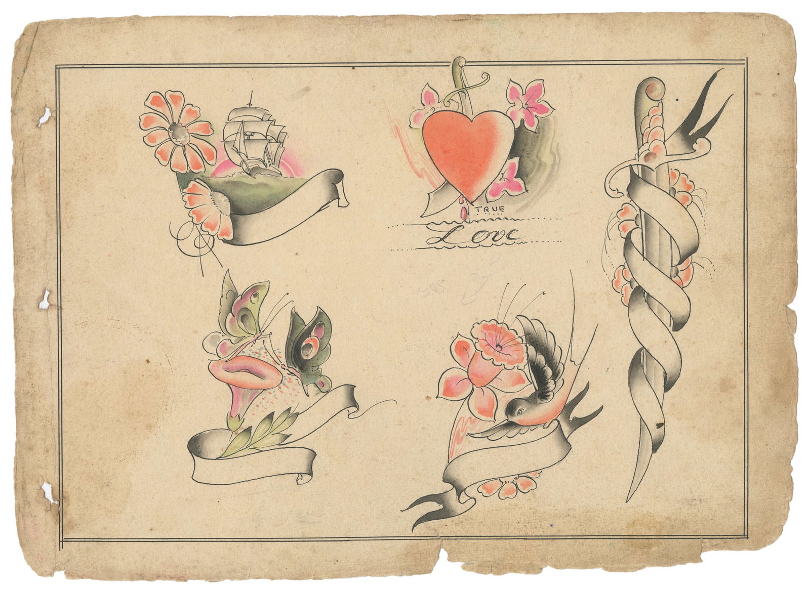 Five Ink and Watercolor Flash Designs. UK. ca. 1930-1940s: Unknown Artist. Five Ink and Watercolor Flash Designs. UK. ca. 1930-1940s. Five ink and watercolor designs on board. 9 x 13". Toning to sheet, with darkening to sheet edges; stray pen marks to center